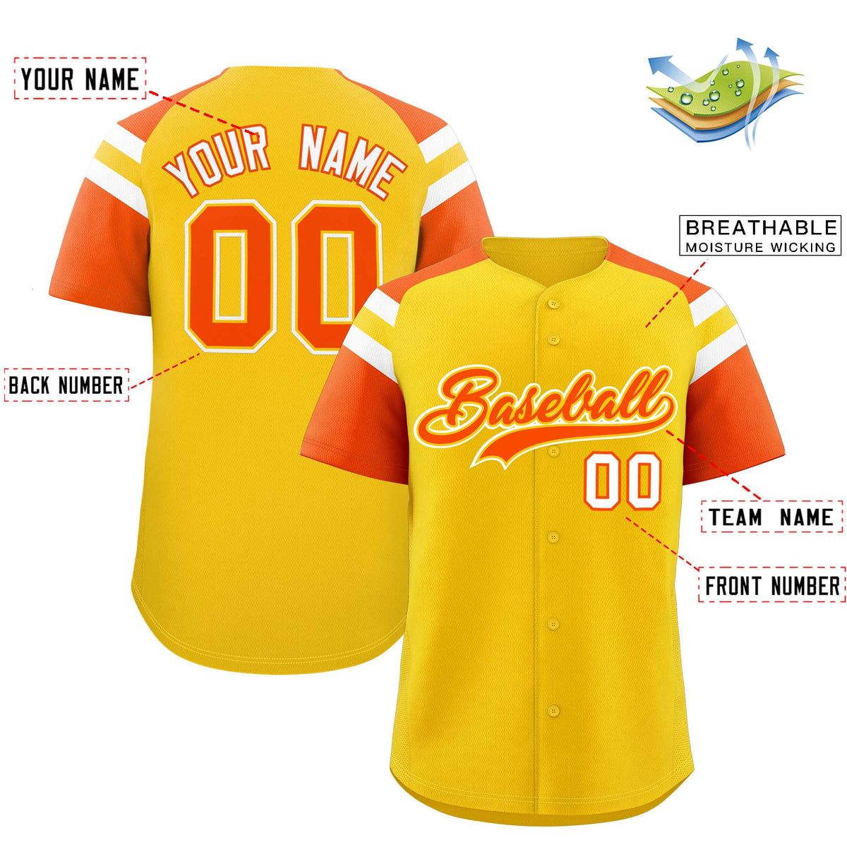 Custom Gold Orange Contrast Raglan Sleeves Authentic Baseball Jersey