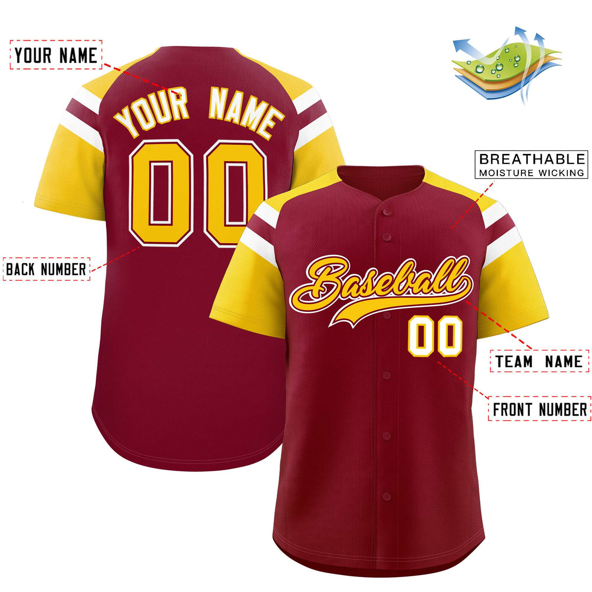 Custom Crimson Gold Contrast Raglan Sleeves Authentic Baseball Jersey