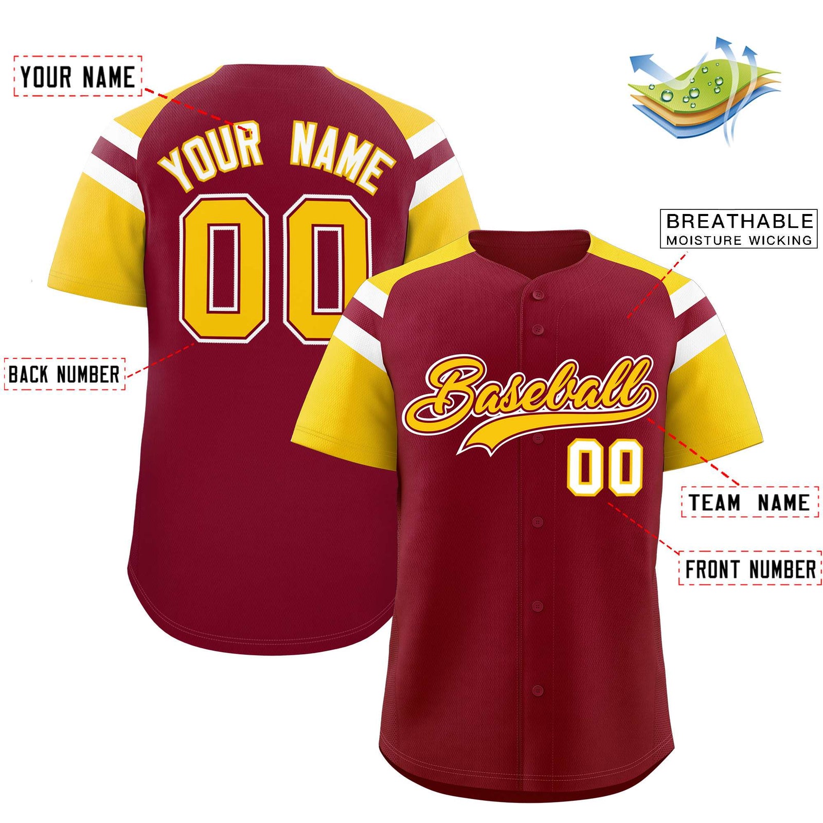 Custom Crimson Gold Contrast Raglan Sleeves Authentic Baseball Jersey