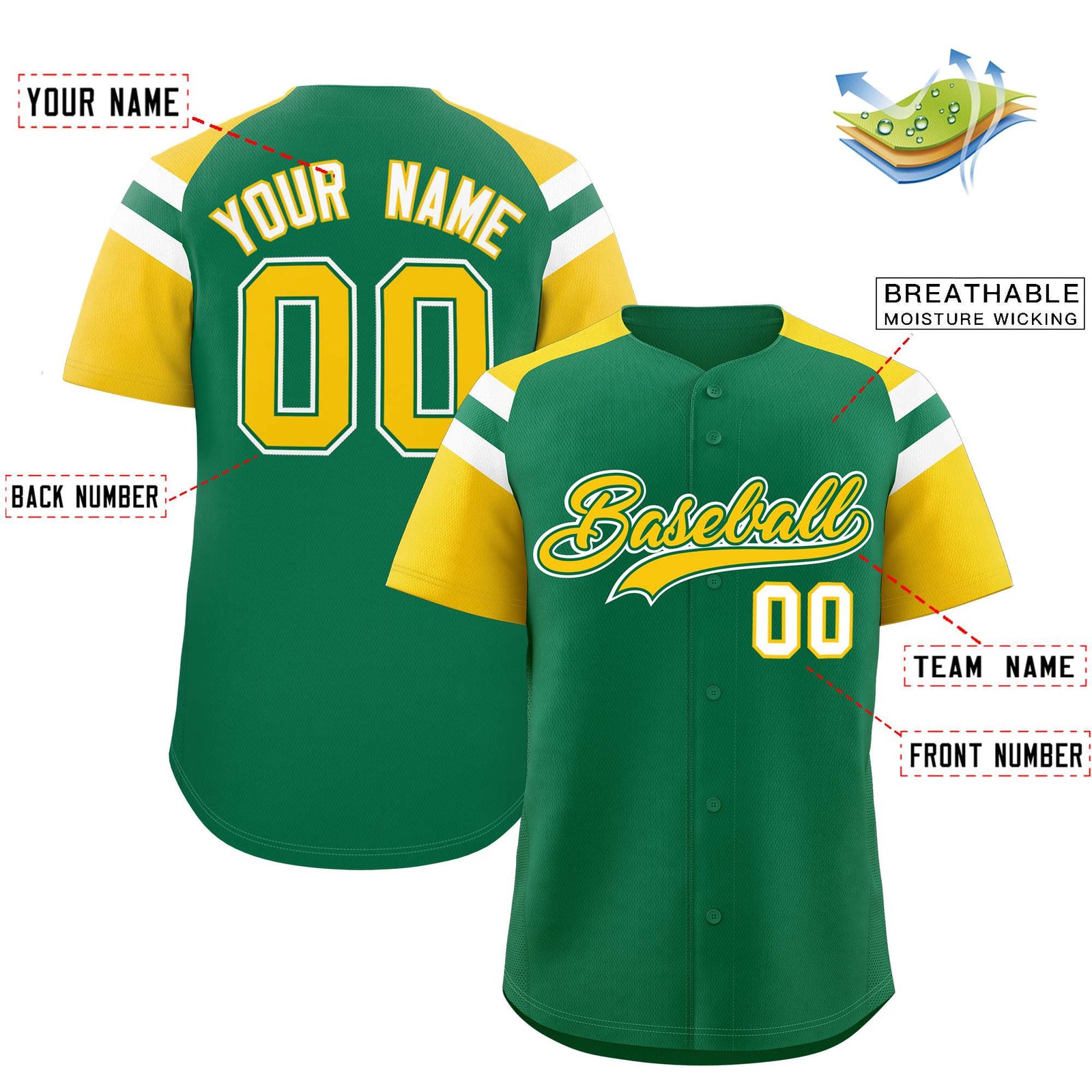 Custom Kelly Green Gold Contrast Raglan Sleeves Authentic Baseball Jersey