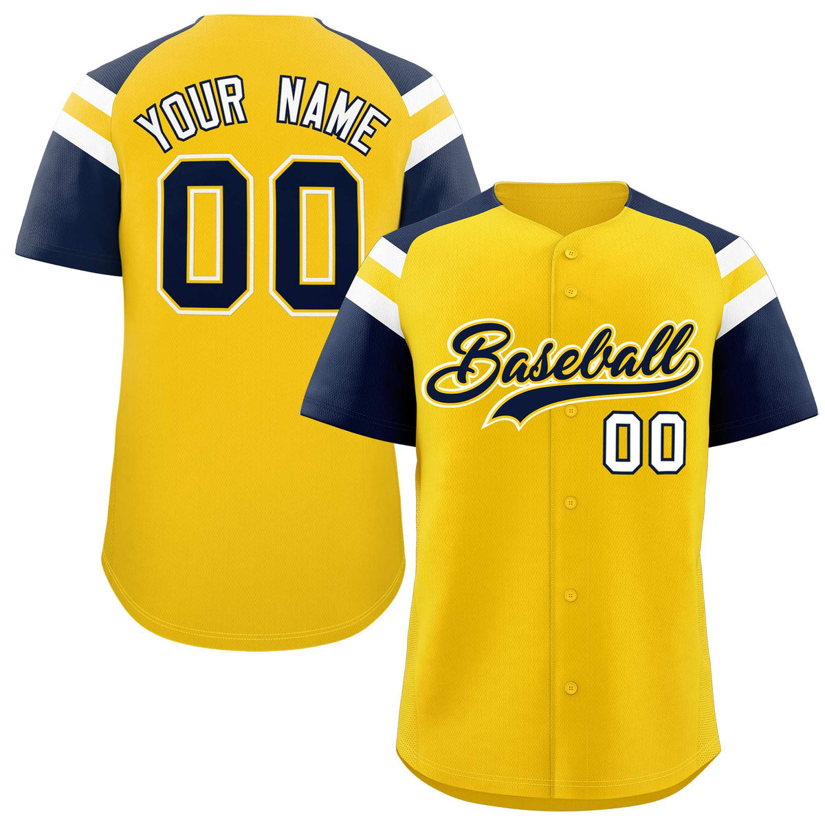 Custom Gold Navy Contrast Raglan Sleeves Authentic Baseball Jersey