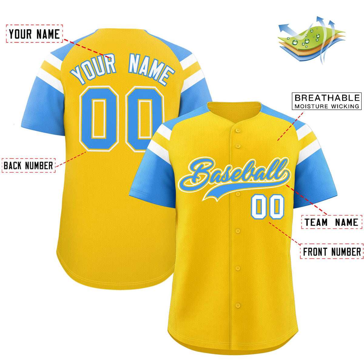 Custom Gold Powder Blue Contrast Raglan Sleeves Authentic Baseball Jersey