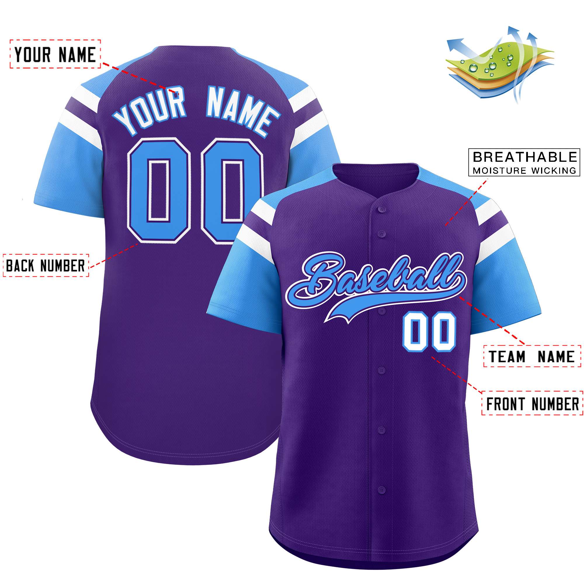 Custom Purple Powder Blue Contrast Raglan Sleeves Authentic Baseball Jersey