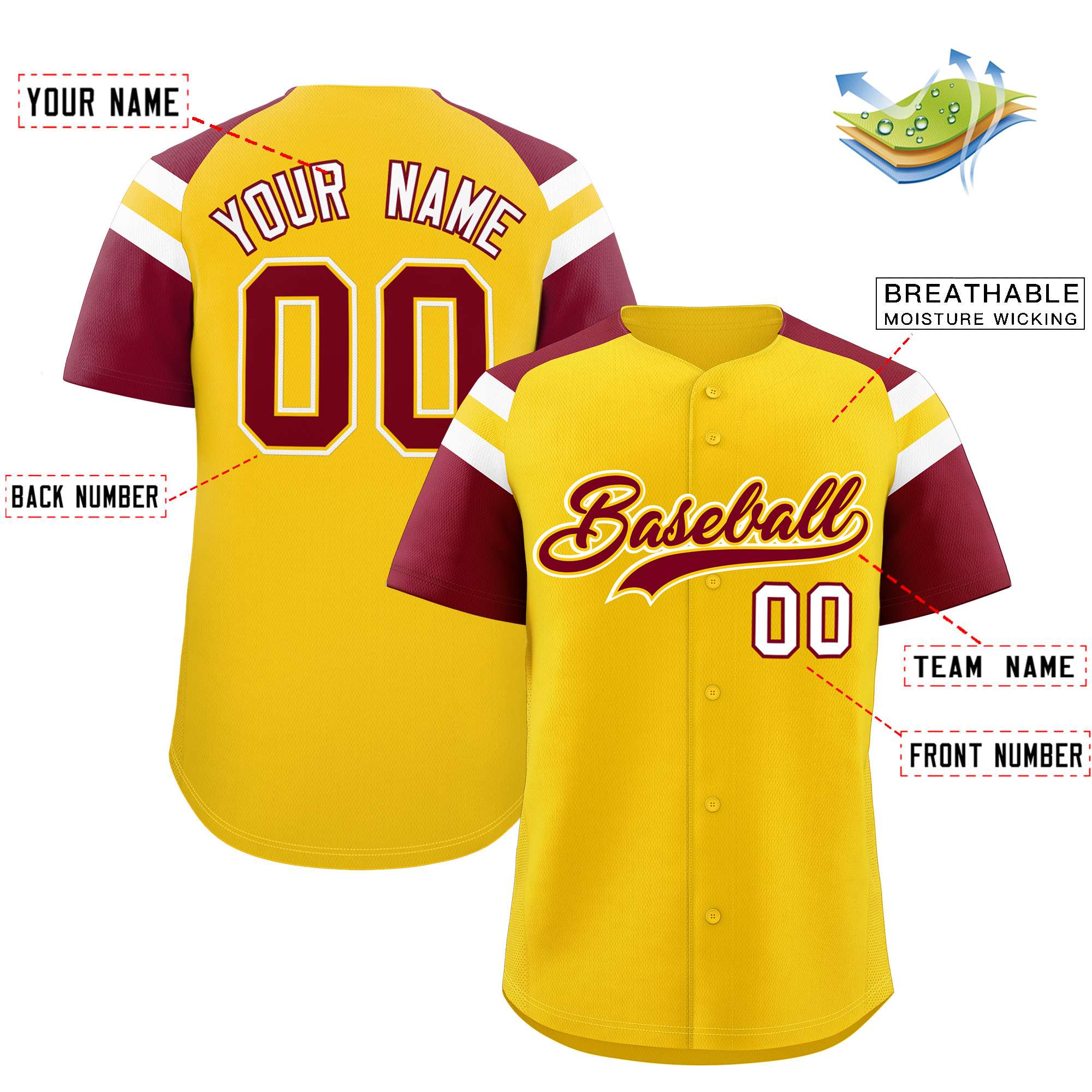 Custom Gold Crimson Contrast Raglan Sleeves Authentic Baseball Jersey