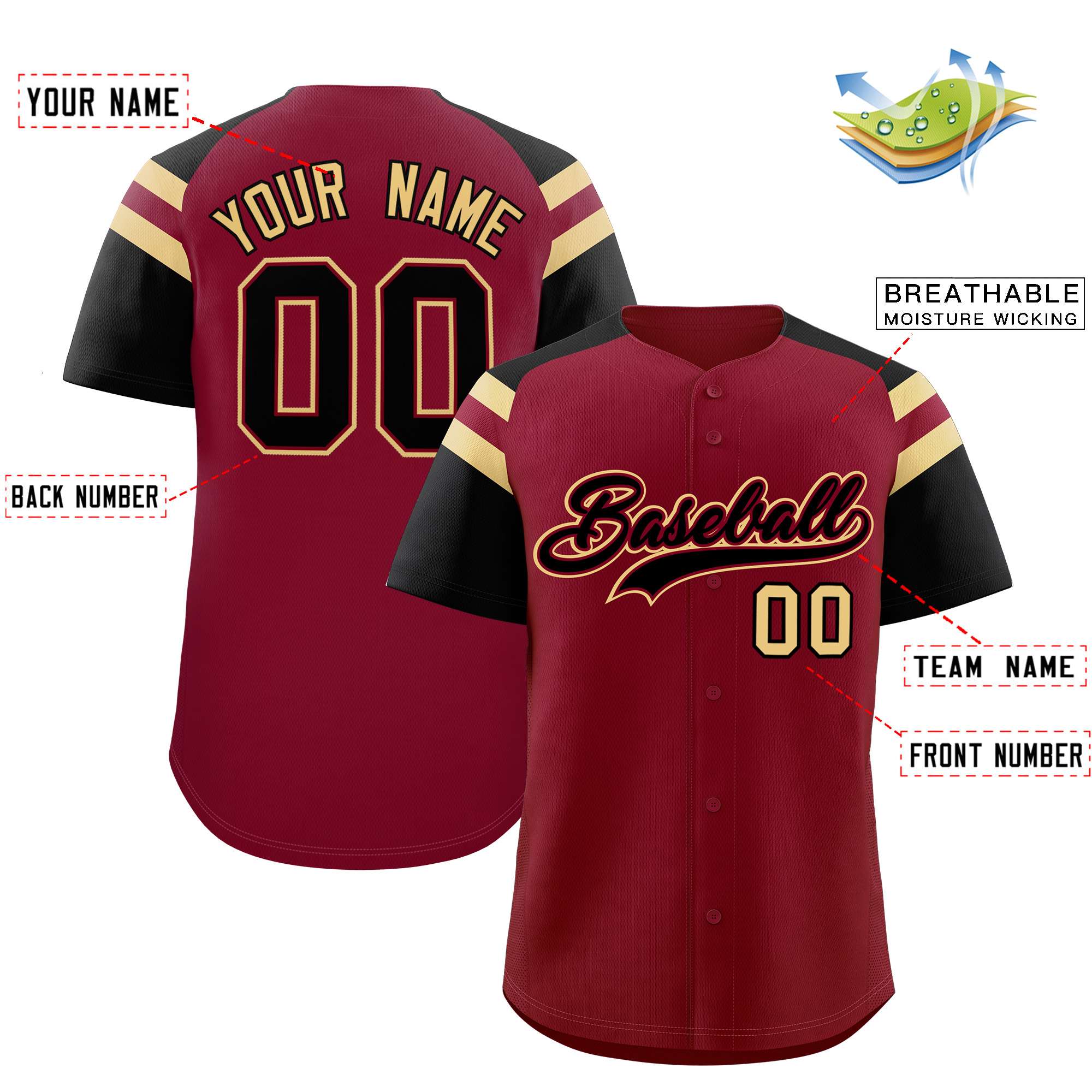 Custom Crimson Black Contrast Raglan Sleeves Authentic Baseball Jersey