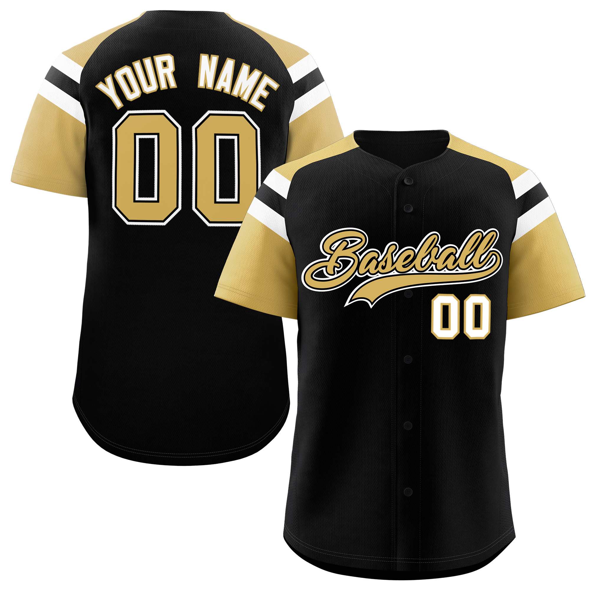 Custom Black Old Gold Contrast Raglan Sleeves Authentic Baseball Jersey