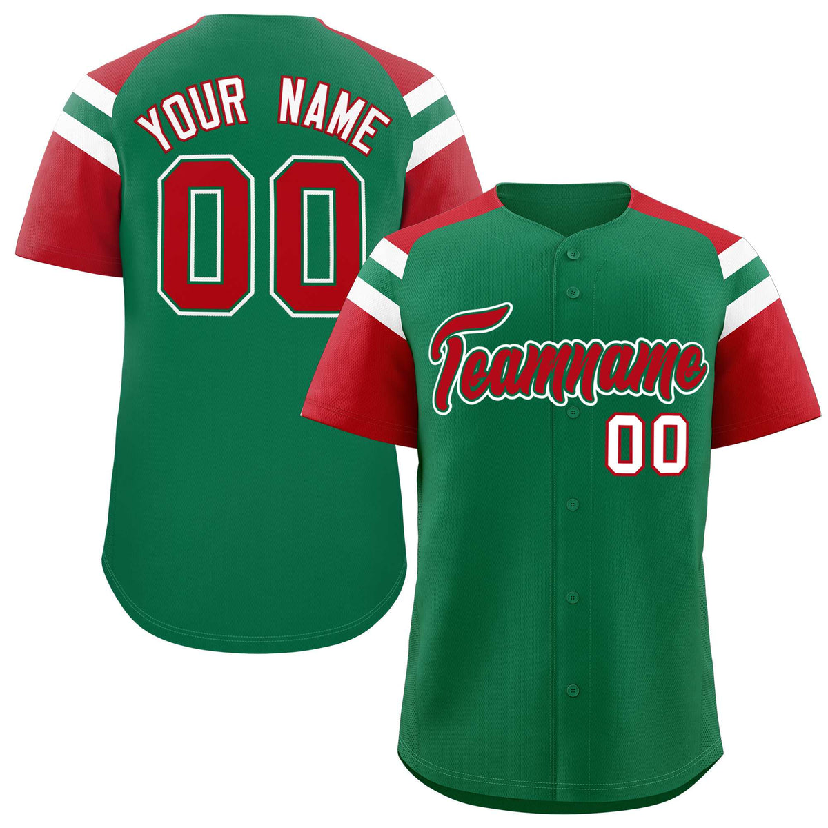 Custom Kelly Green Red Contrast Raglan Sleeves Authentic Baseball Jersey