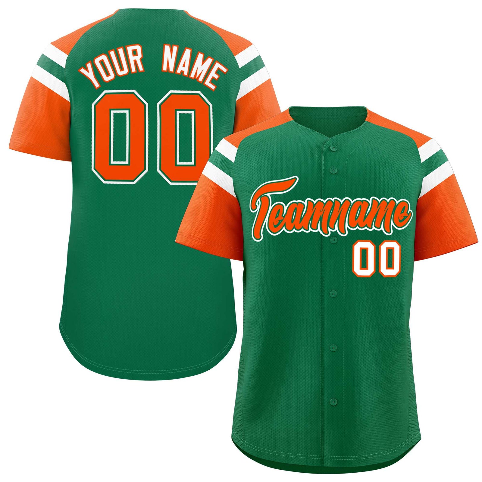 Custom Kelly Green Orange Contrast Raglan Sleeves Authentic Baseball Jersey