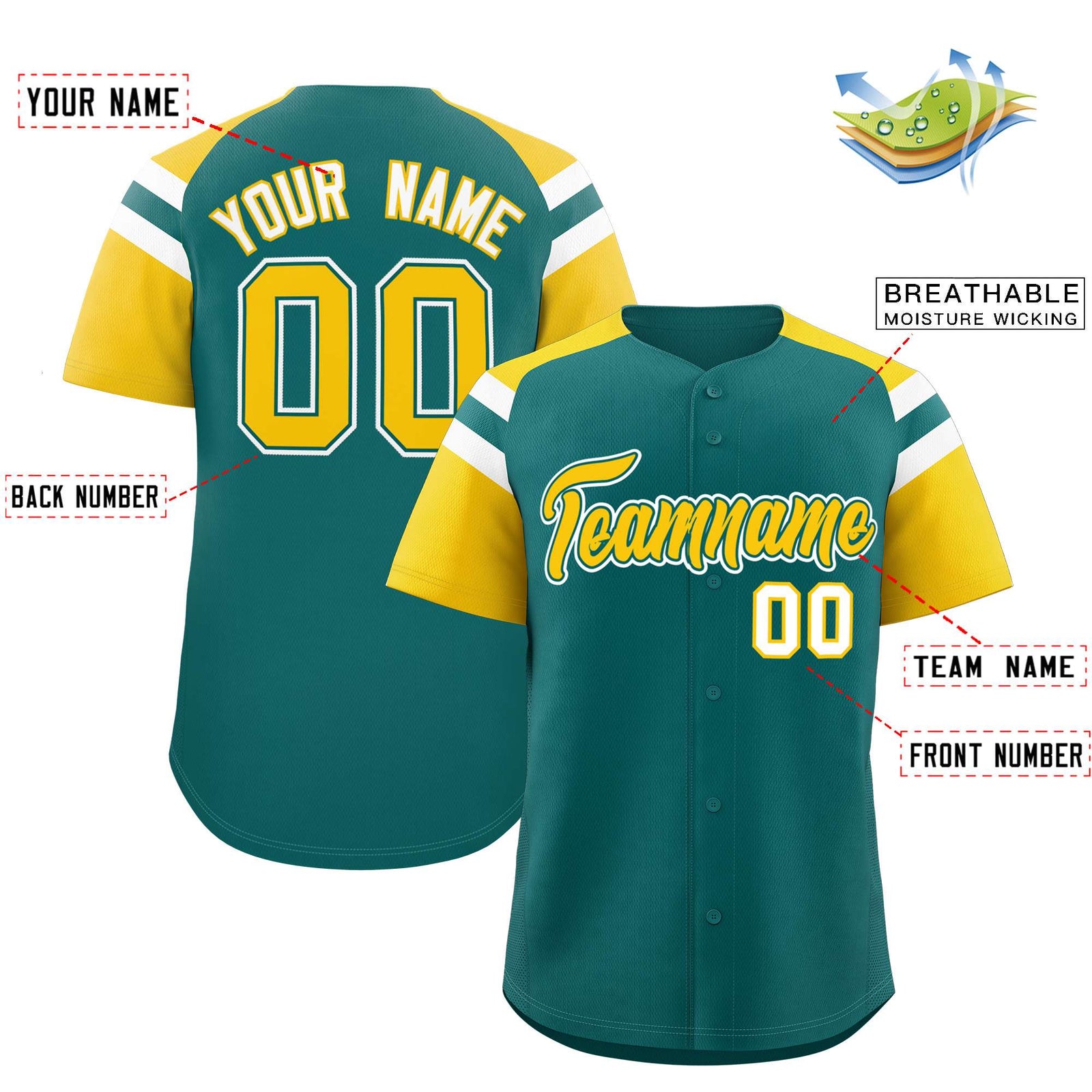 Custom Aqua Gold Contrast Raglan Sleeves Authentic Baseball Jersey