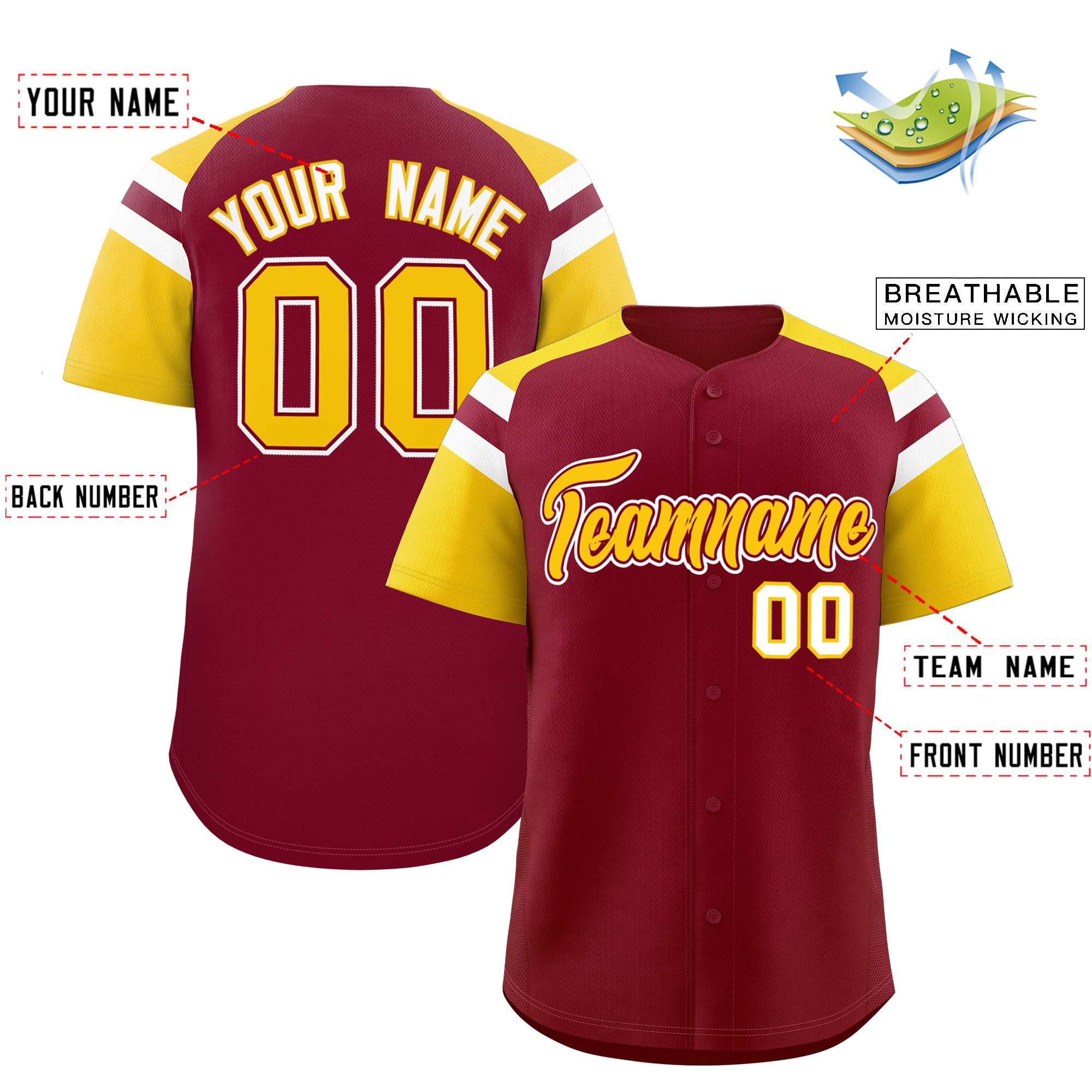 Custom Crimson Gold Contrast Raglan Sleeves Authentic Baseball Jersey