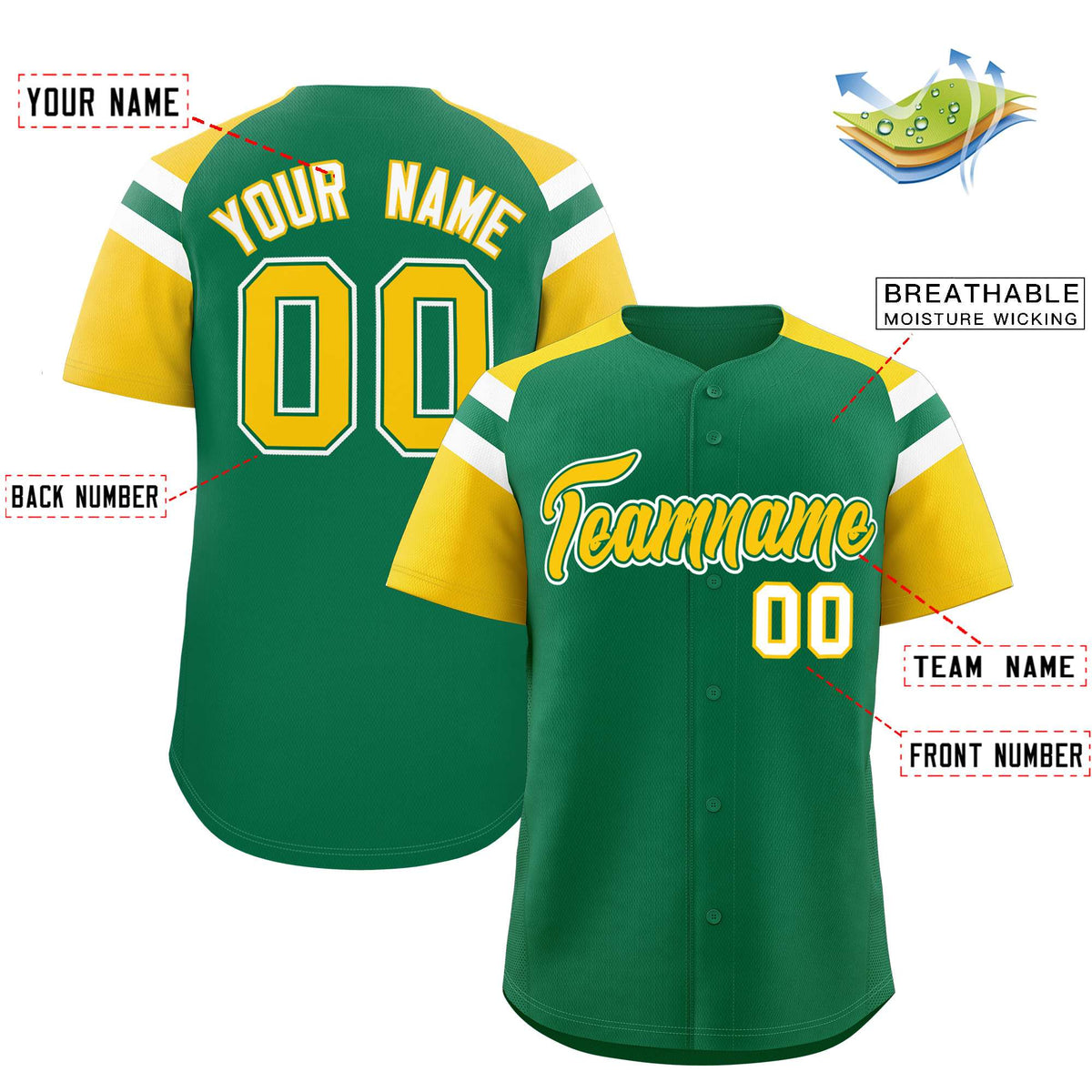 Custom Kelly Green Gold Contrast Raglan Sleeves Authentic Baseball Jersey
