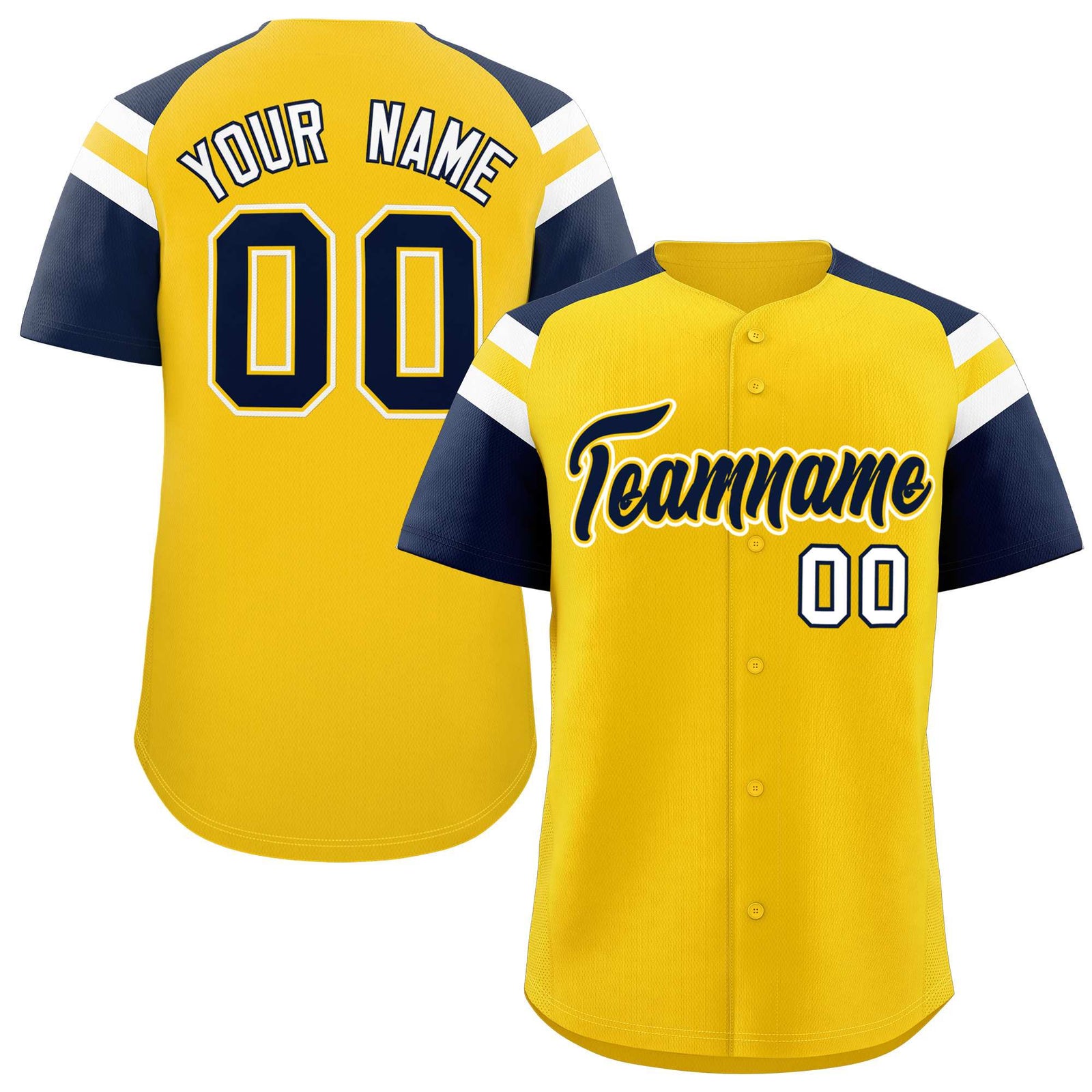 Custom Gold Navy Contrast Raglan Sleeves Authentic Baseball Jersey