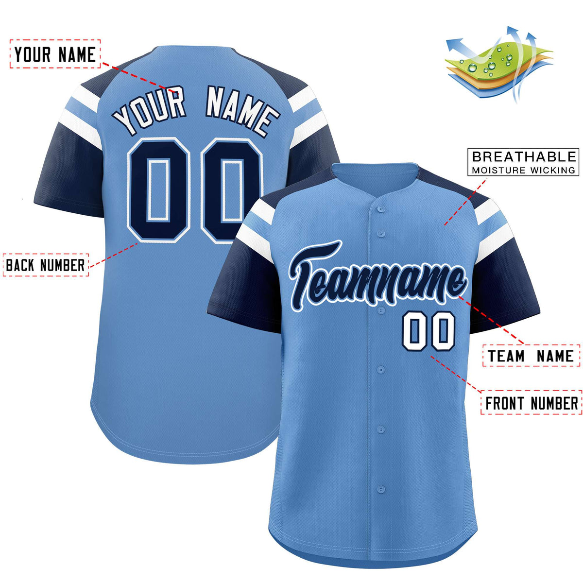 Custom Light Blue Navy Contrast Raglan Sleeves Authentic Baseball Jersey