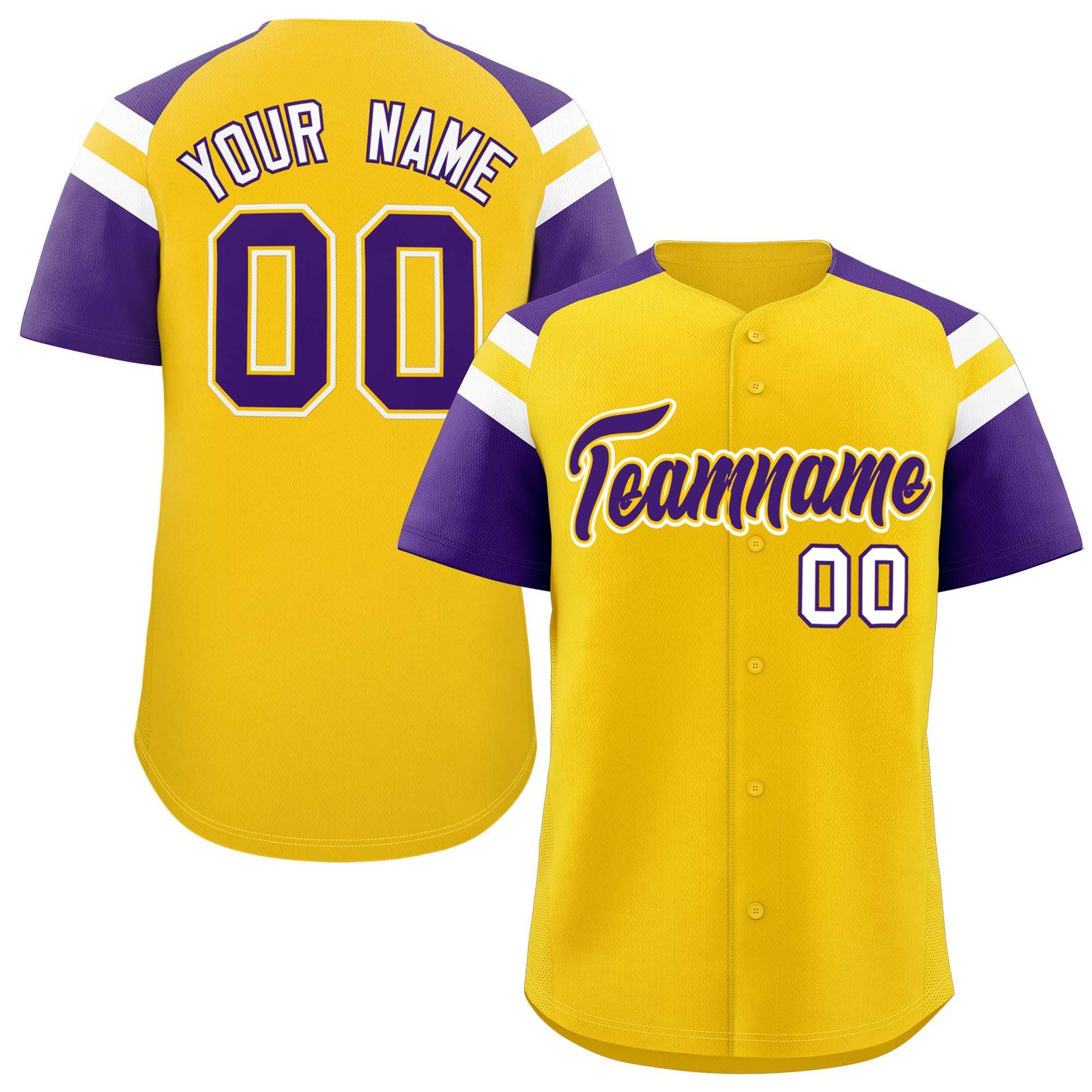 Custom Gold Purple Contrast Raglan Sleeves Authentic Baseball Jersey