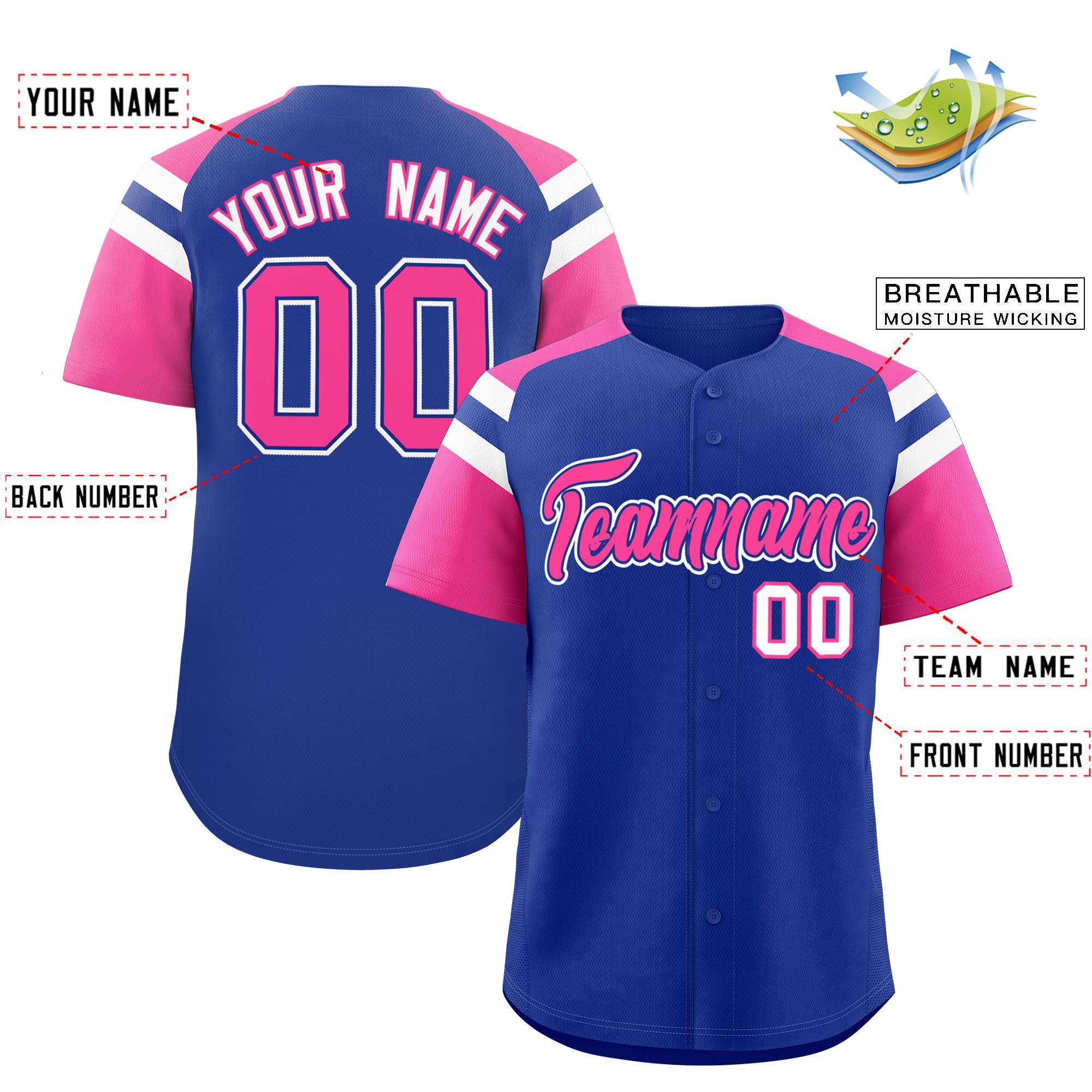 Custom Royal Pink Contrast Raglan Sleeves Authentic Baseball Jersey