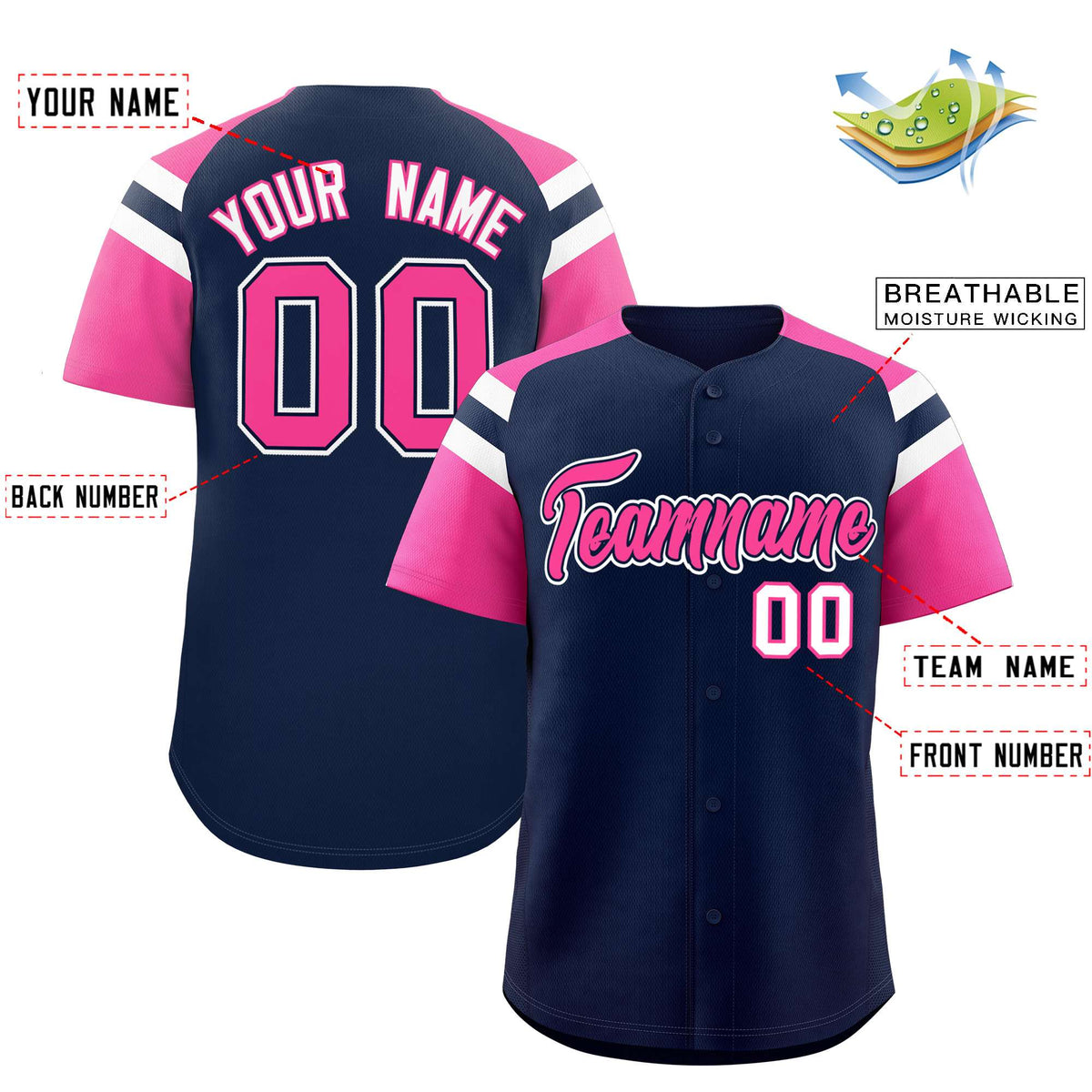 Custom Navy Pink Contrast Raglan Sleeves Authentic Baseball Jersey