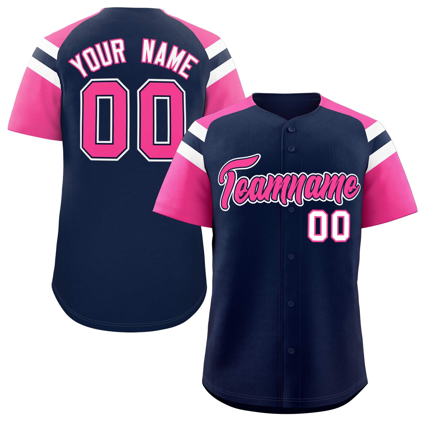 Custom Navy Pink Contrast Raglan Sleeves Authentic Baseball Jersey