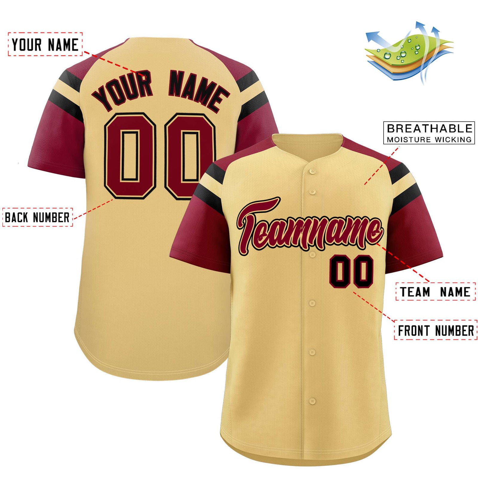 Custom Khaki Crimson Contrast Raglan Sleeves Authentic Baseball Jersey