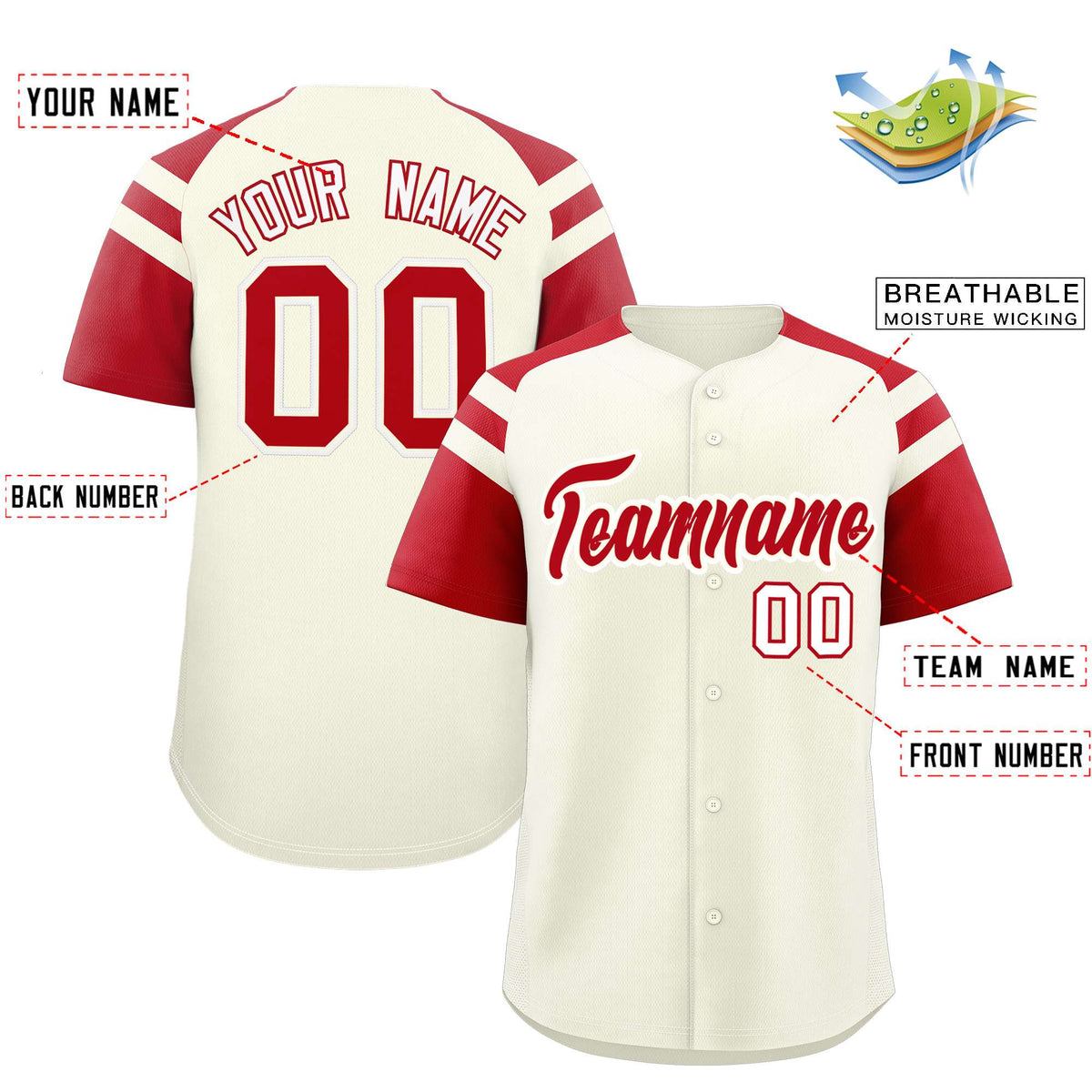 Custom Cream Red Contrast Raglan Sleeves Authentic Baseball Jersey