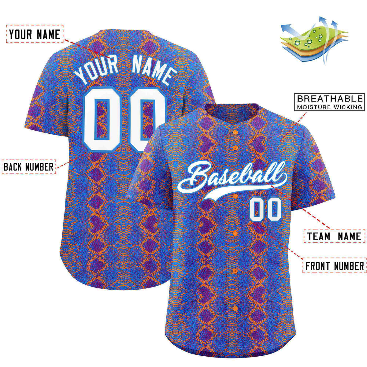 Custom Multi Color Snakeskin Pattern Authentic Baseball Jersey