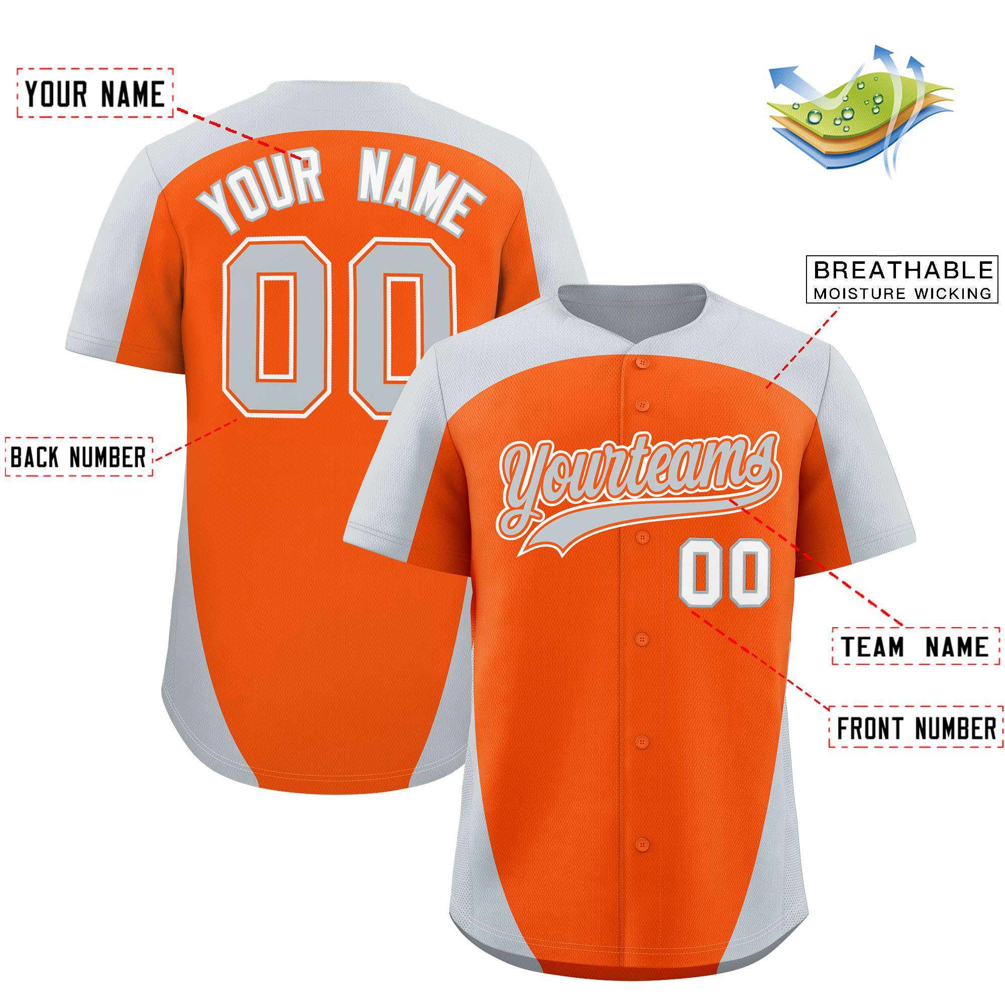 Custom Orange Silver Personalized Edge Color Block Authentic Baseball Jersey