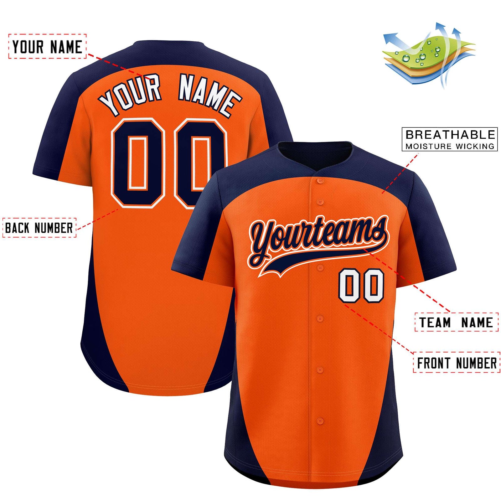 Custom Orange Navy Personalized Edge Color Block Authentic Baseball Jersey