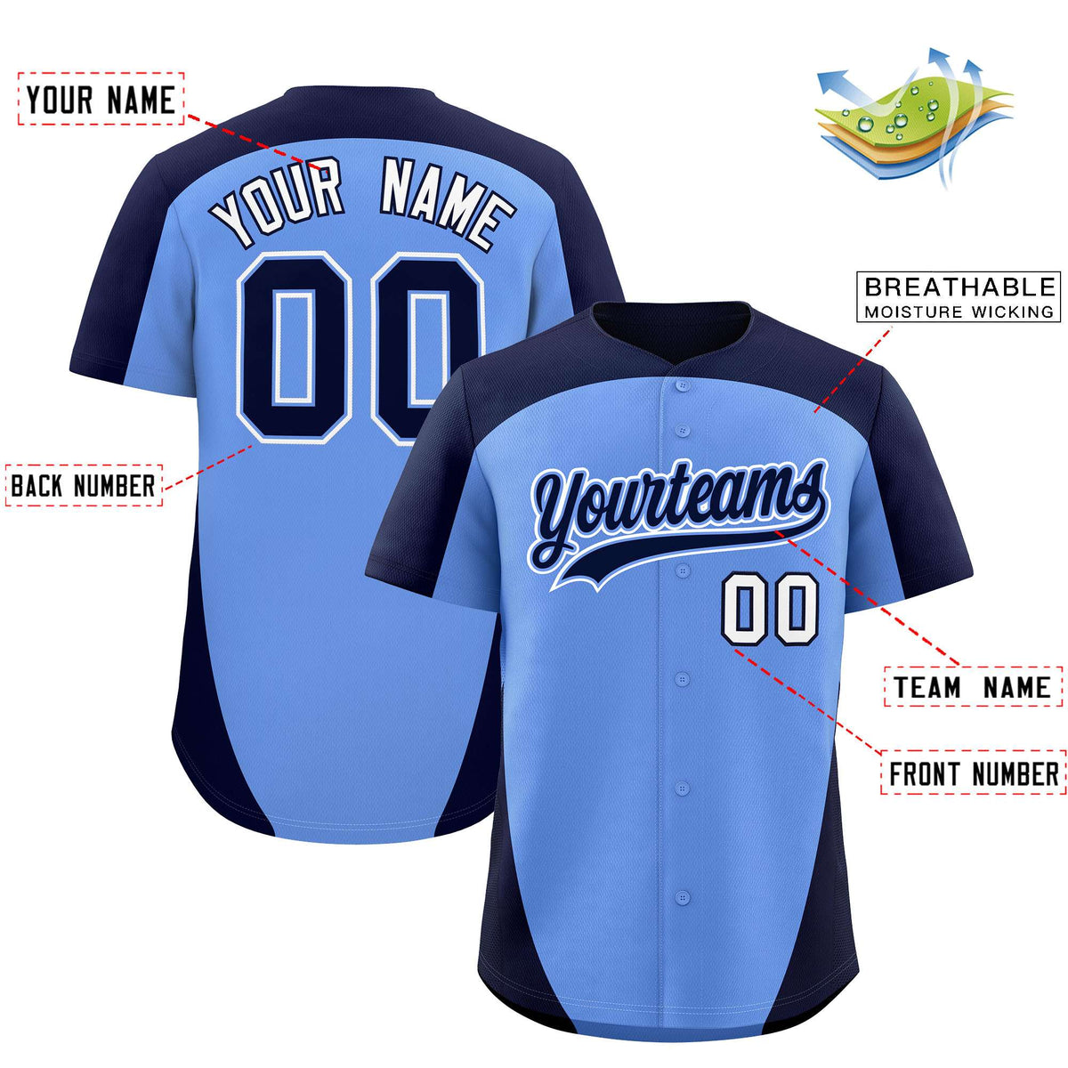 Custom Light Blue Navy Personalized Edge Color Block Authentic Baseball Jersey