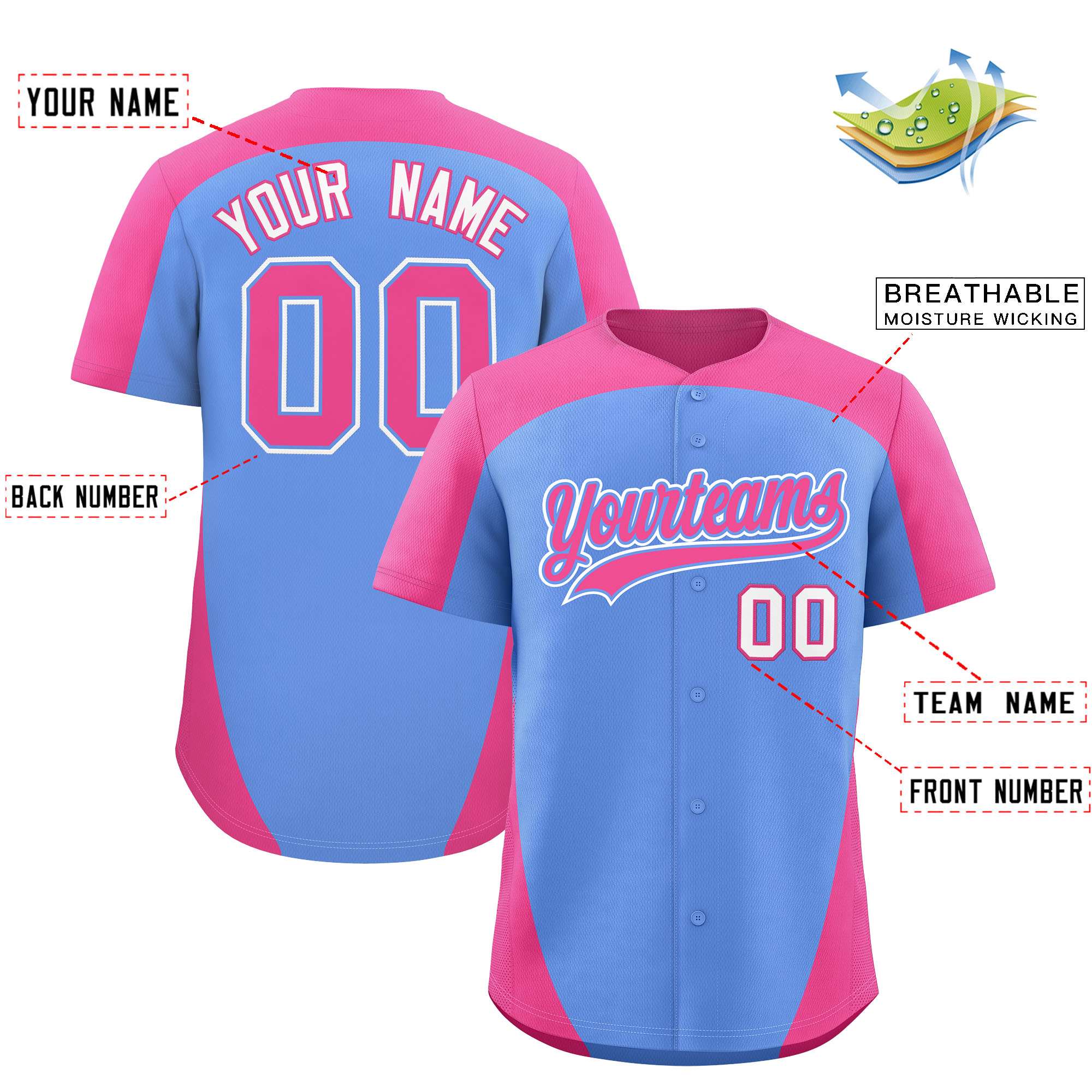 Custom Light Blue Pink Personalized Edge Color Block Authentic Baseball Jersey