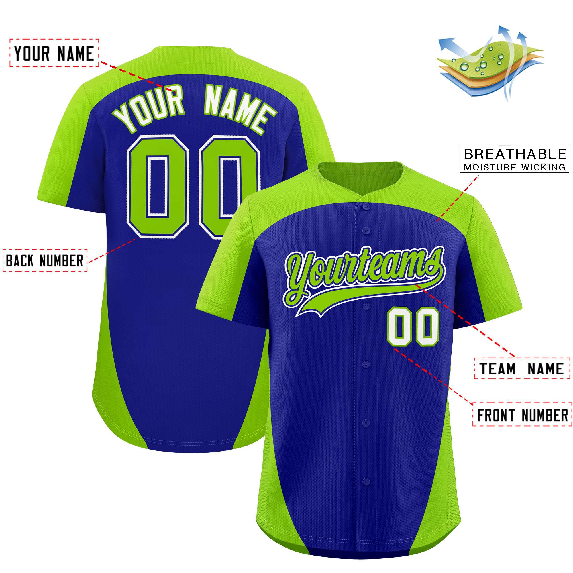 Custom Royal Neon Green Personalized Edge Color Block Authentic Baseball Jersey