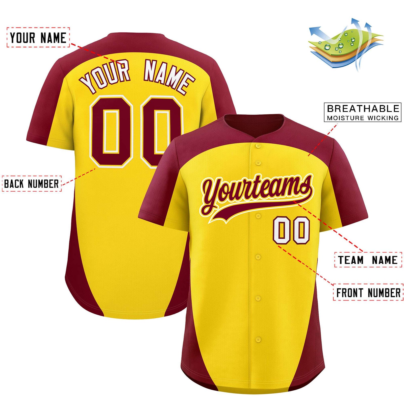 Custom Gold Crimson Personalized Edge Color Block Authentic Baseball Jersey