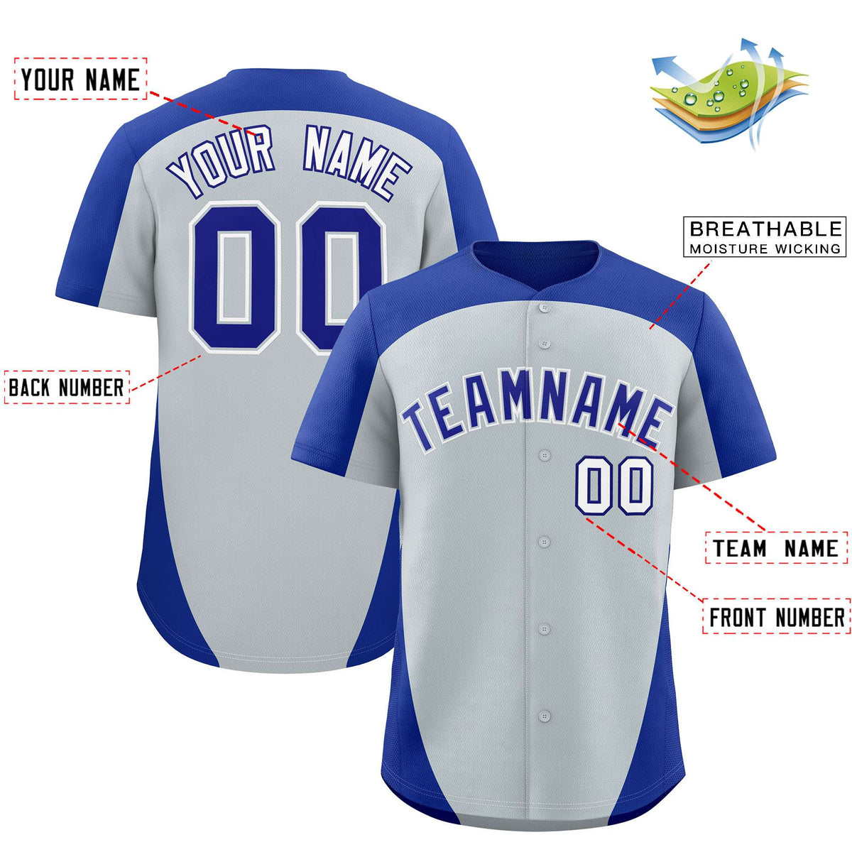 Custom Silver Royal Personalized Edge Color Block Authentic Baseball Jersey