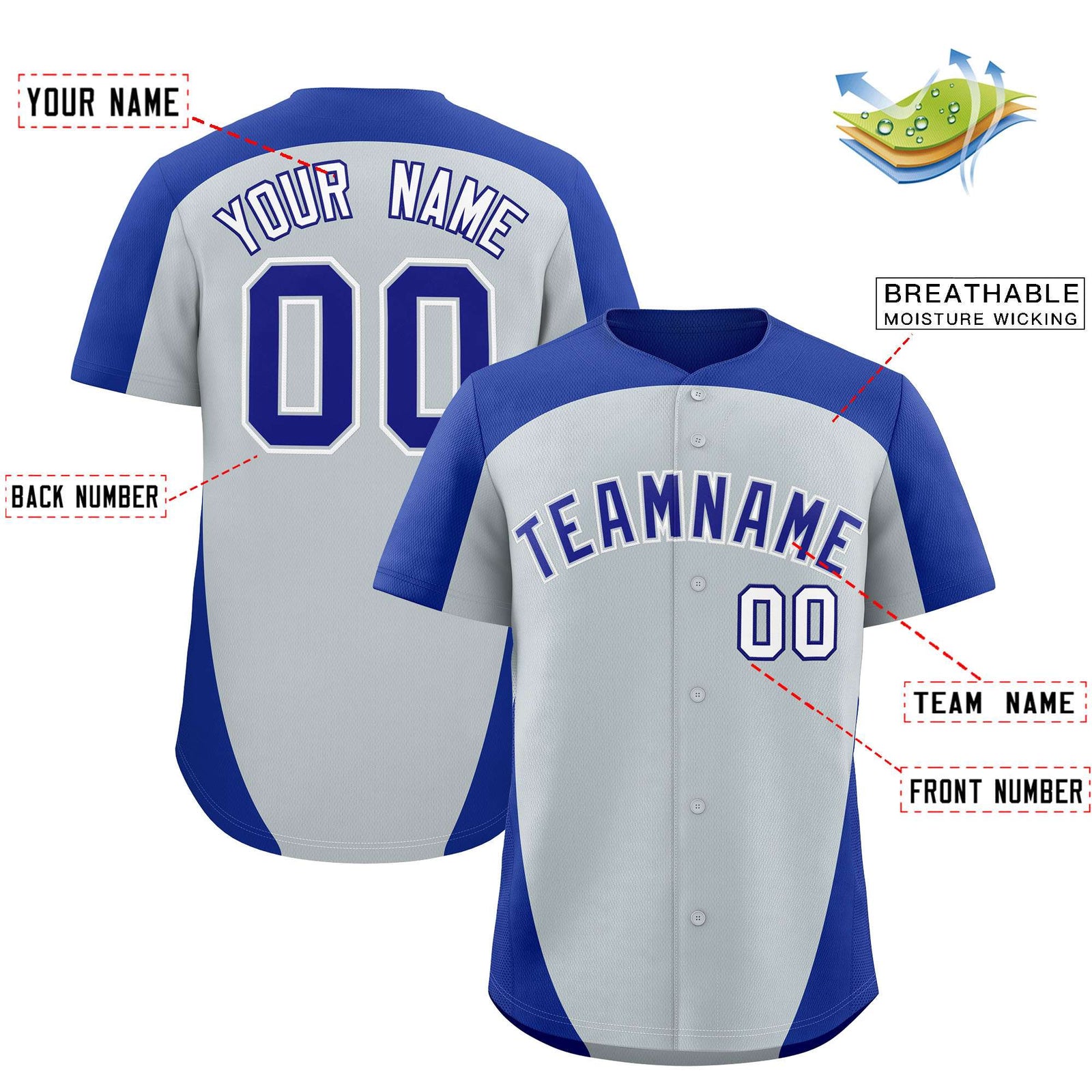 Custom Silver Royal Personalized Edge Color Block Authentic Baseball Jersey