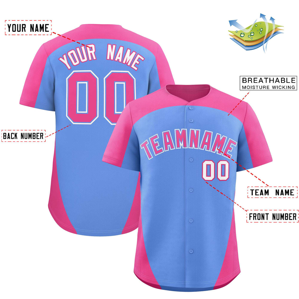 Custom Light Blue Pink Personalized Edge Color Block Authentic Baseball Jersey