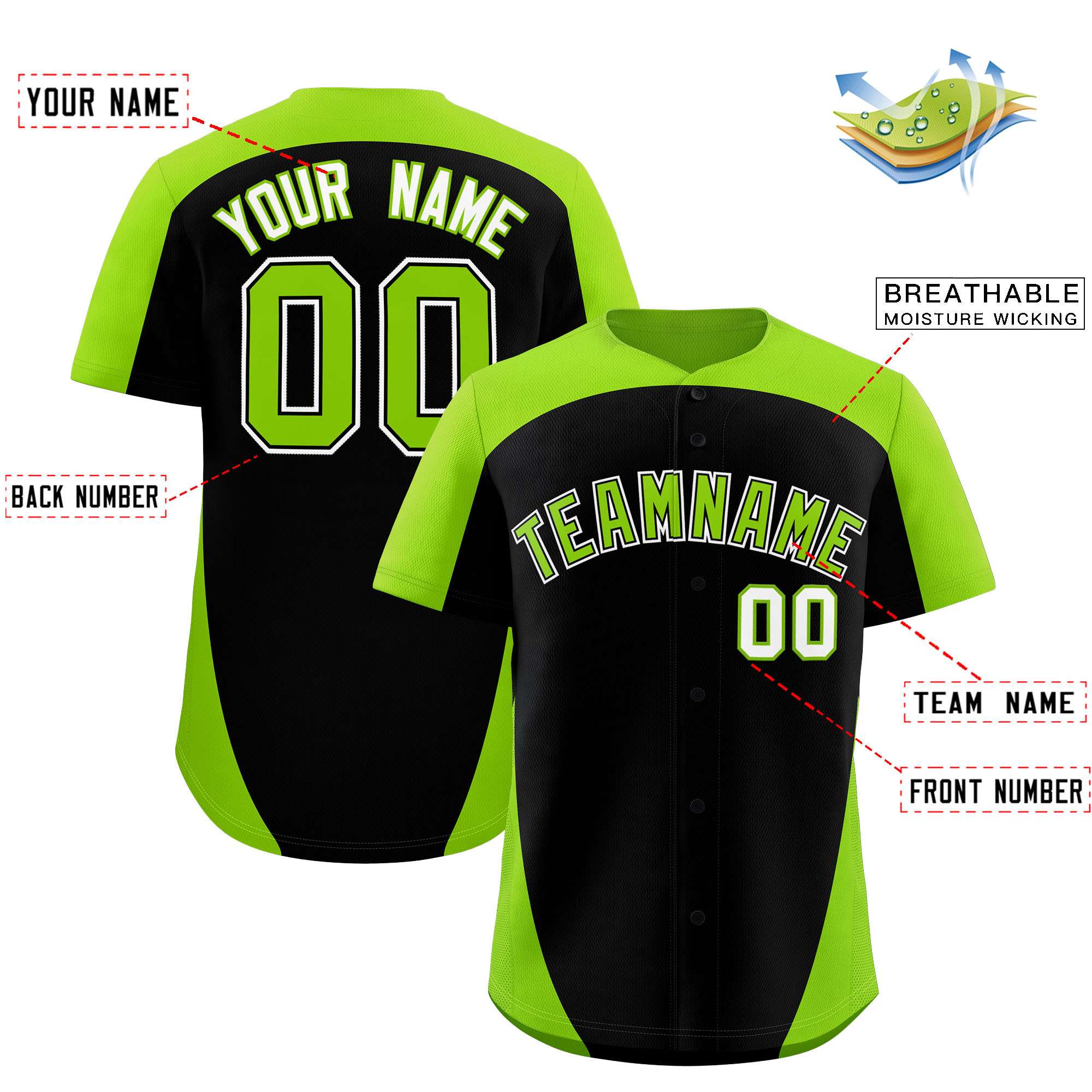 Custom Black Neon Green Personalized Edge Color Block Authentic Baseball Jersey