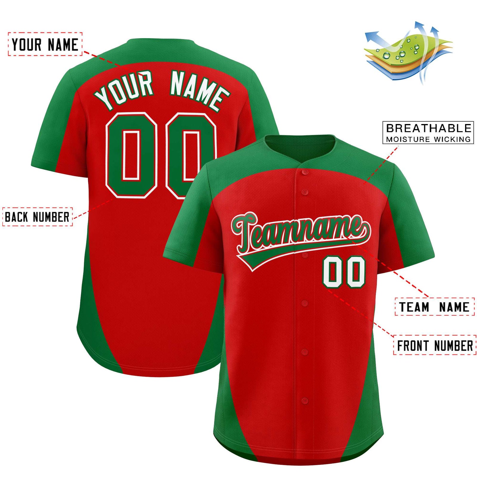 Custom Red Kelly Green Personalized Edge Color Block Authentic Baseball Jersey
