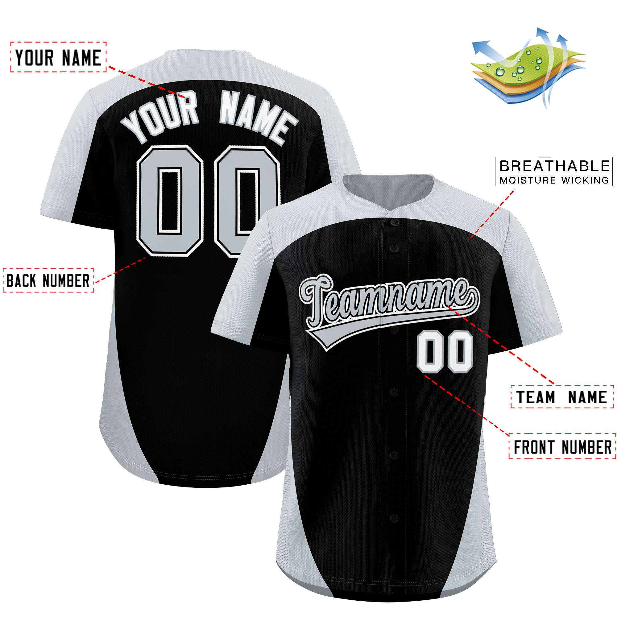 Custom Black Silver Personalized Edge Color Block Authentic Baseball Jersey