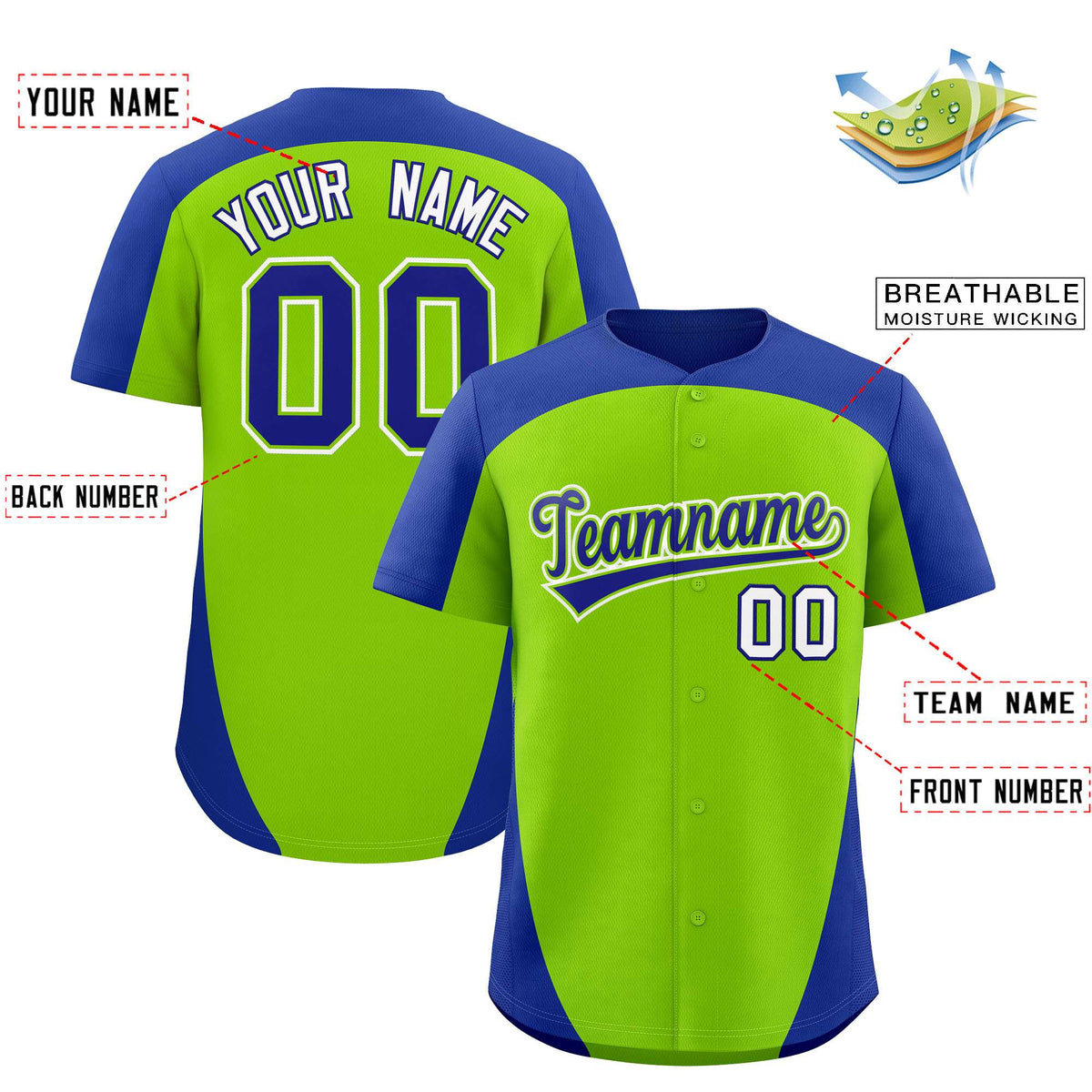 Custom Neon Green Royal Personalized Edge Color Block Authentic Baseball Jersey