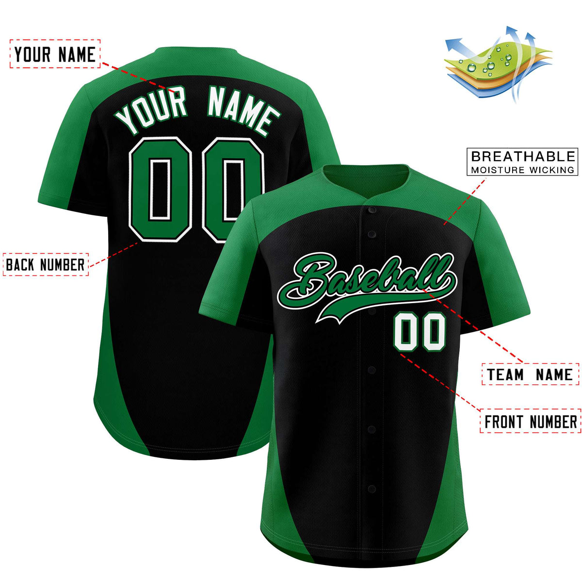 Custom Black Kelly Green Personalized Edge Color Block Authentic Baseball Jersey
