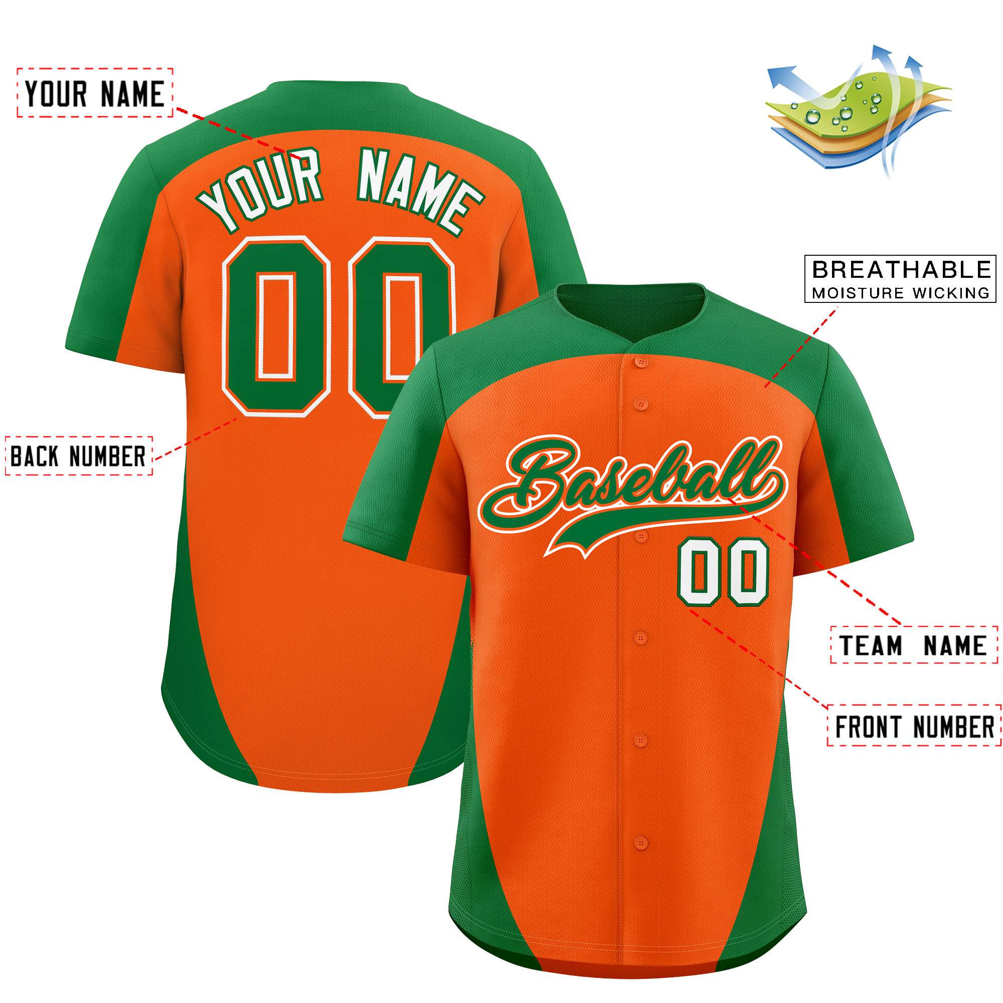 Custom Orange Kelly Green Personalized Edge Color Block Authentic Baseball Jersey