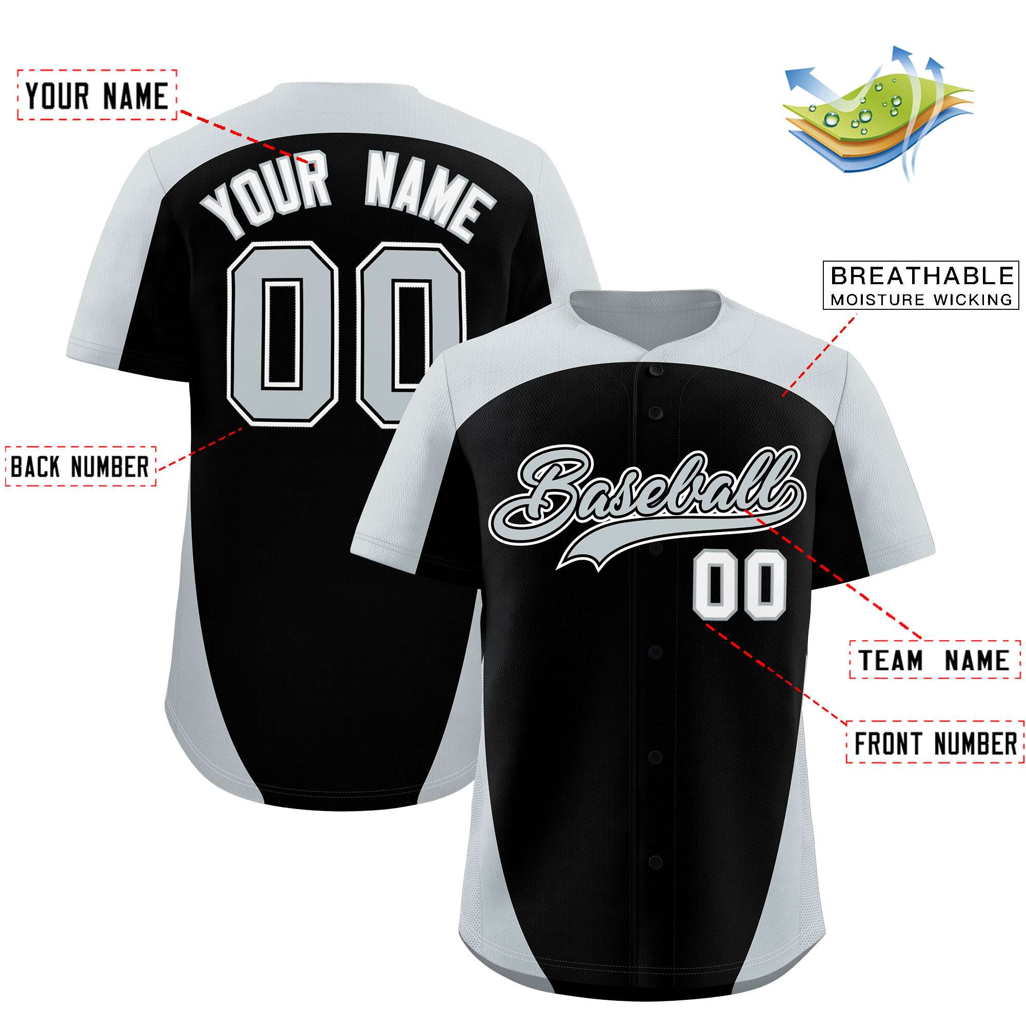 Custom Black Silver Personalized Edge Color Block Authentic Baseball Jersey