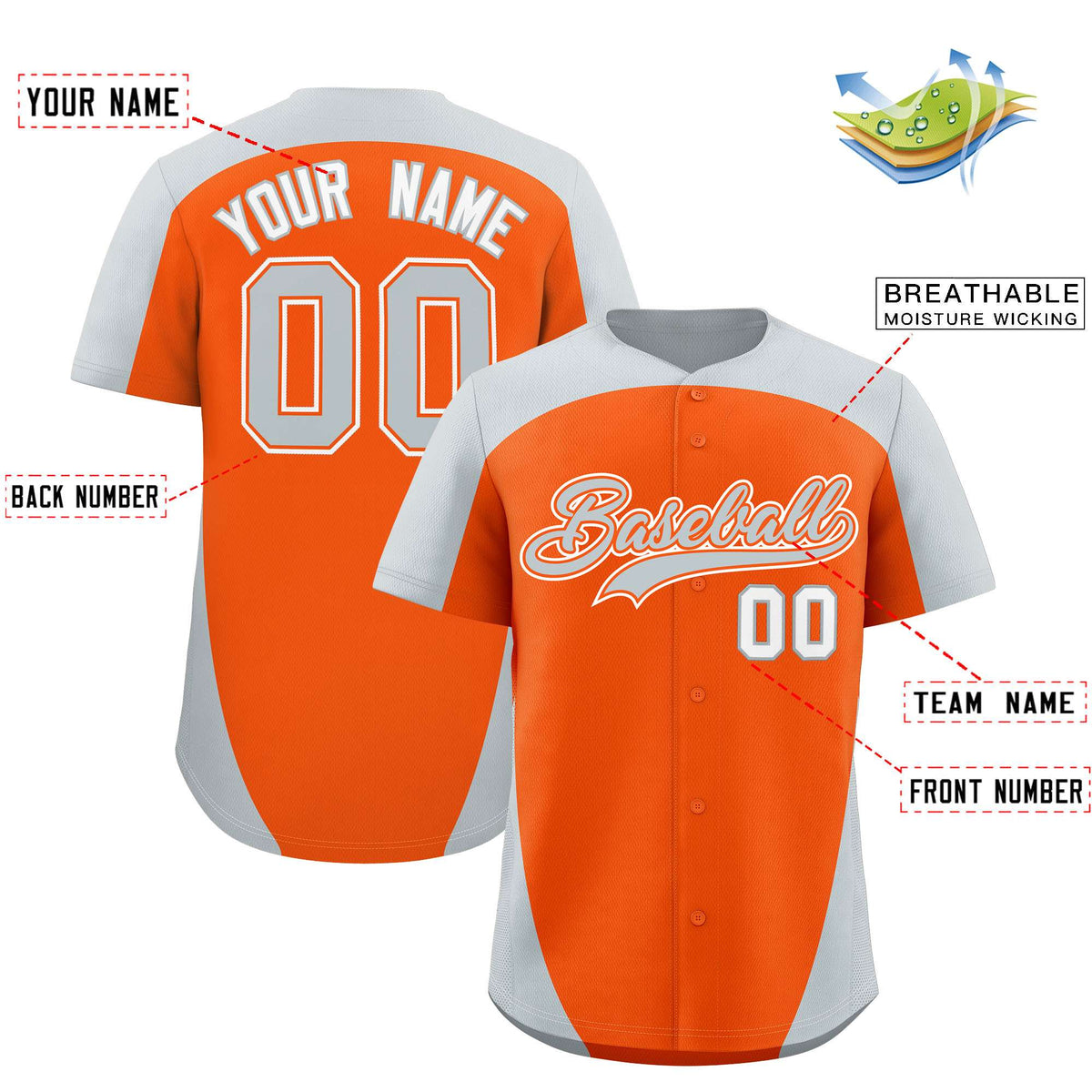 Custom Orange Silver Personalized Edge Color Block Authentic Baseball Jersey