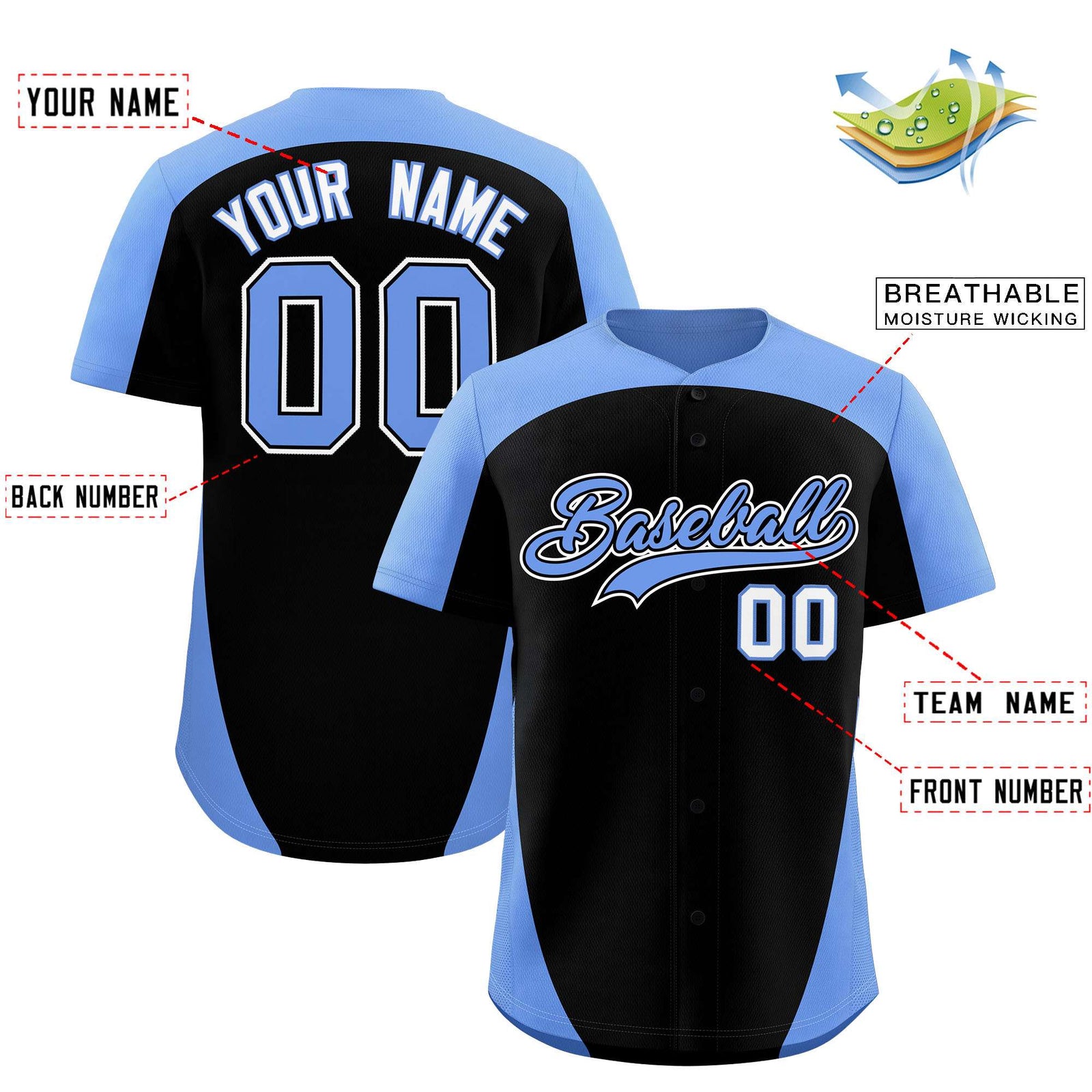 Custom Black Light Blue Personalized Edge Color Block Authentic Baseball Jersey