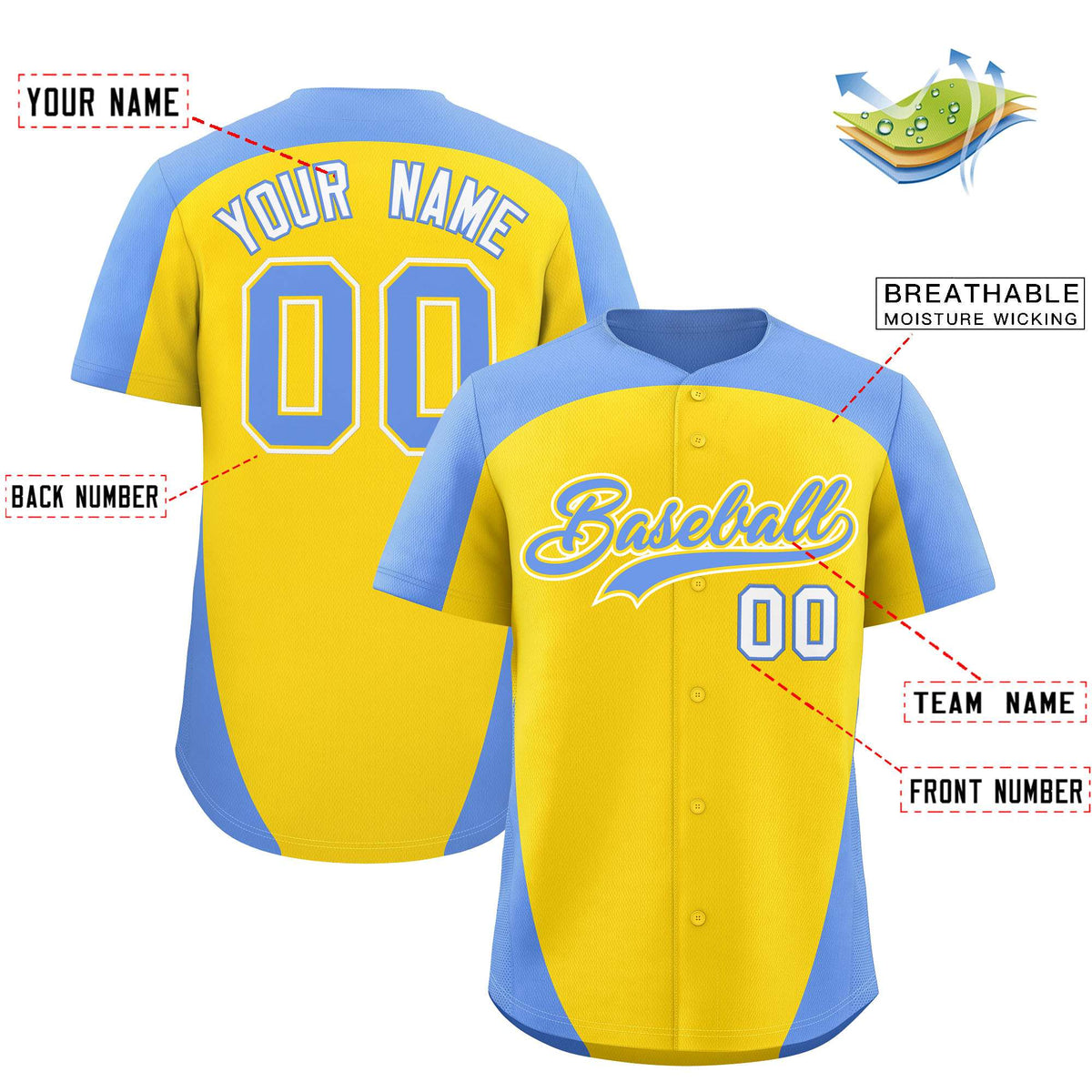 Custom Gold Light Blue Personalized Edge Color Block Authentic Baseball Jersey