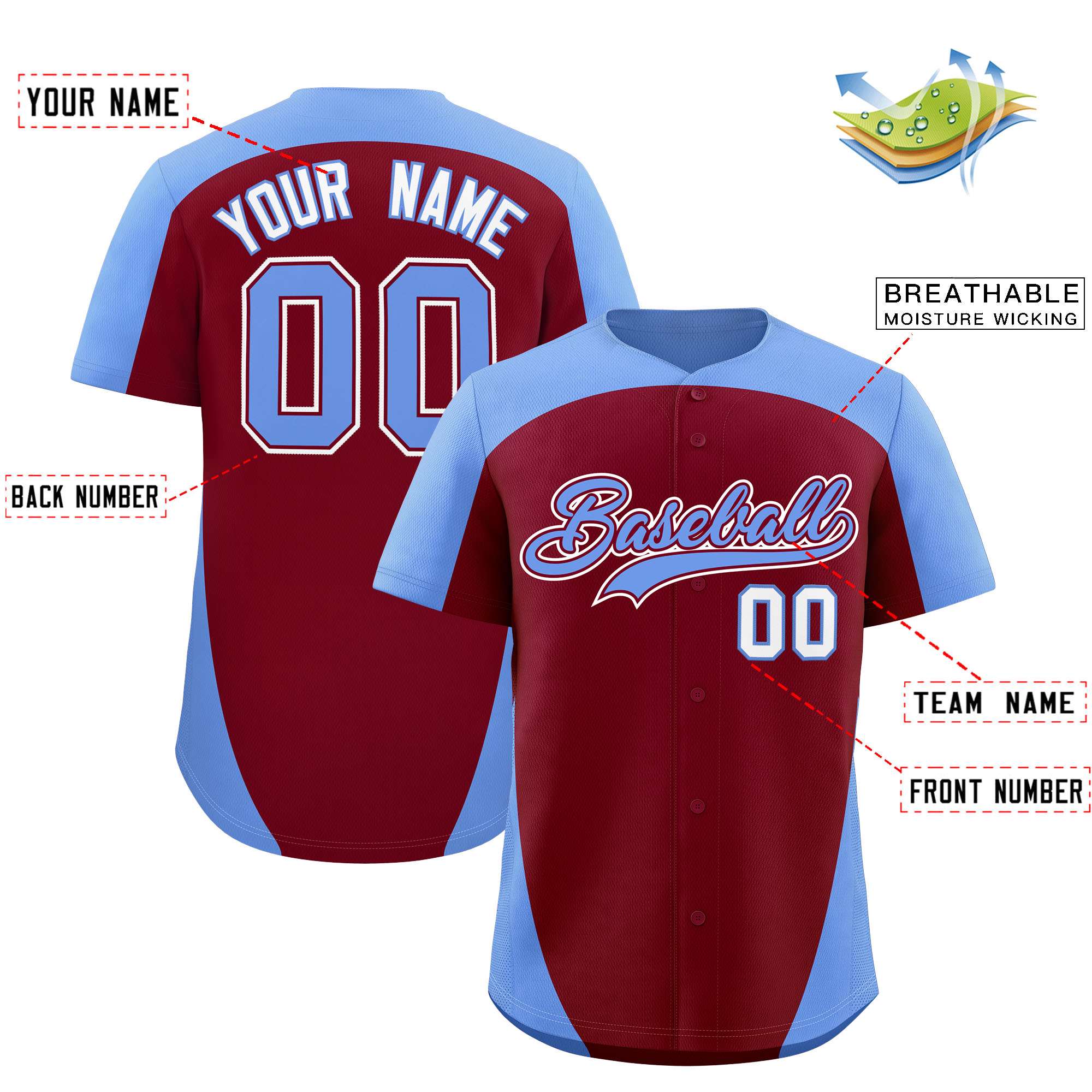 Custom Crimson Light Blue Personalized Edge Color Block Authentic Baseball Jersey