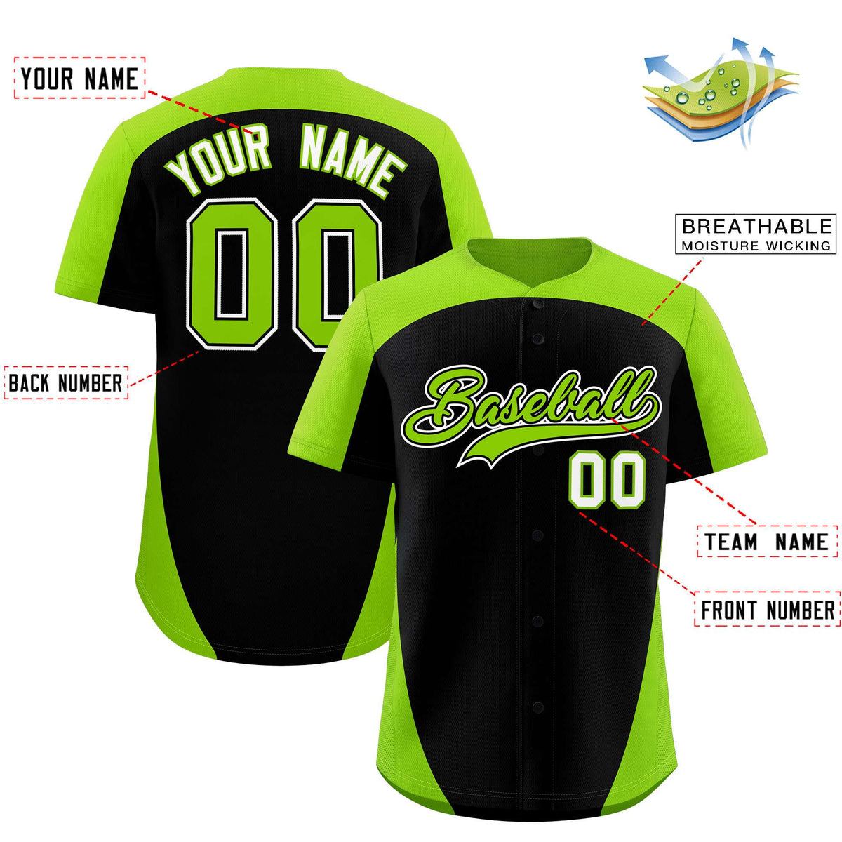 Custom Black Neon Green Personalized Edge Color Block Authentic Baseball Jersey