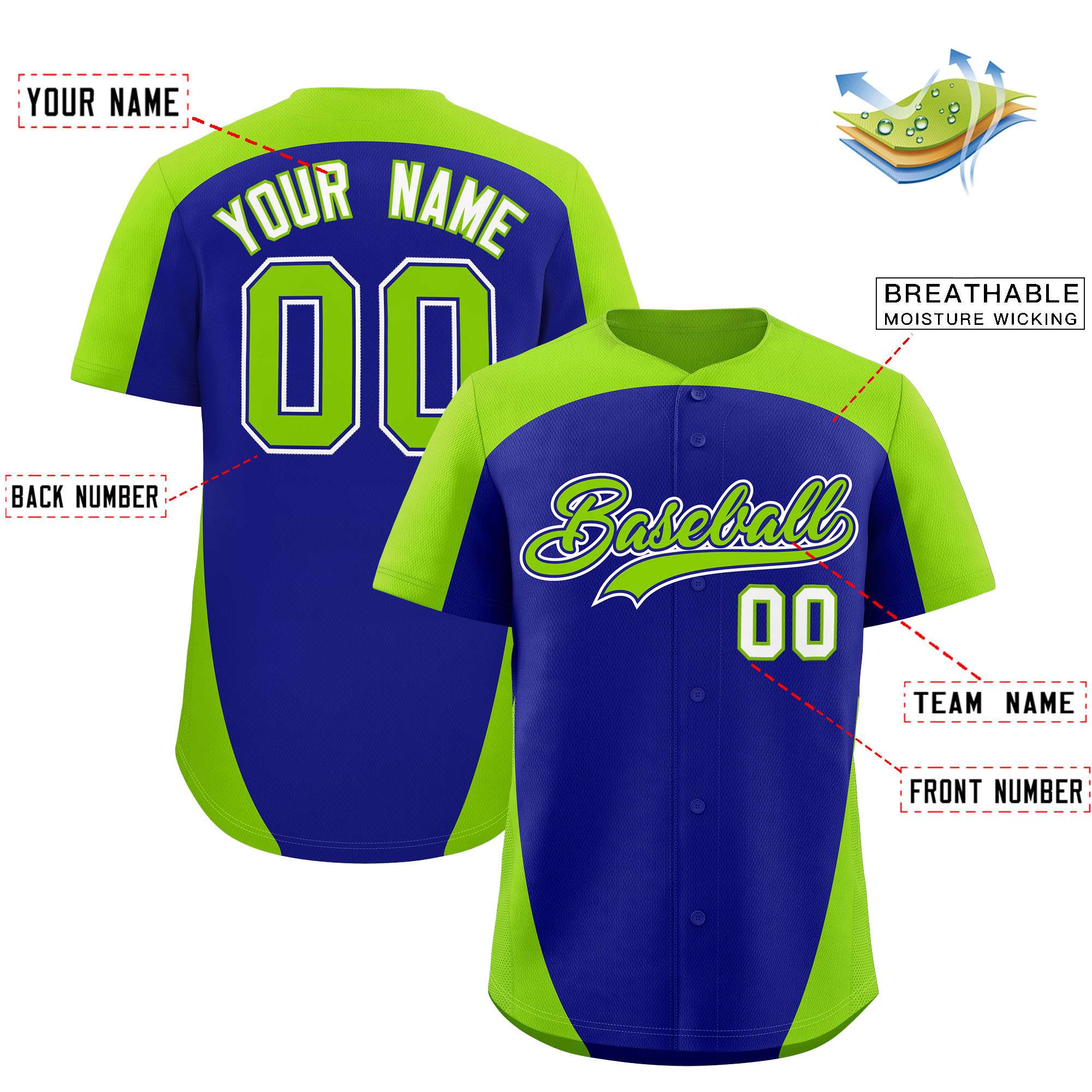 Custom Royal Neon Green Personalized Edge Color Block Authentic Baseball Jersey