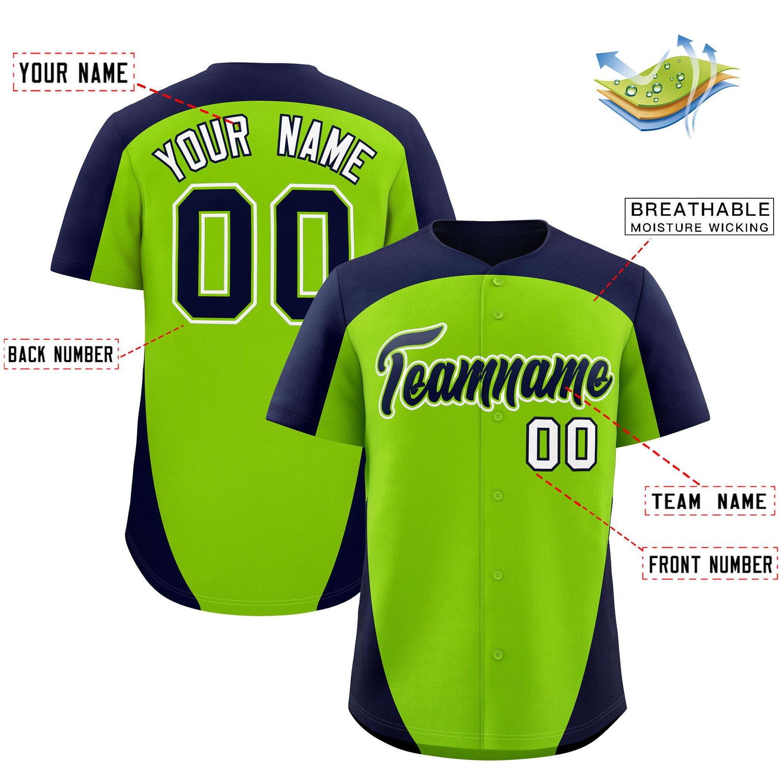 Custom Neon Green Navy Personalized Edge Color Block Authentic Baseball Jersey