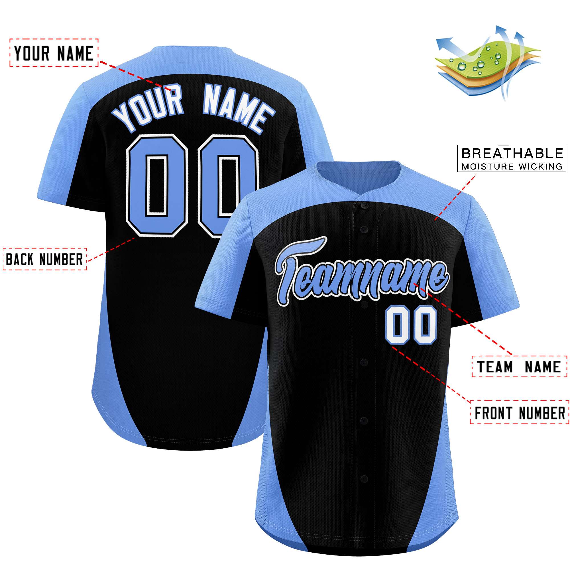 Custom Black Light Blue Personalized Edge Color Block Authentic Baseball Jersey
