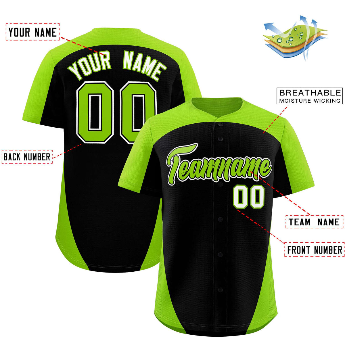Custom Black Neon Green Personalized Edge Color Block Authentic Baseball Jersey