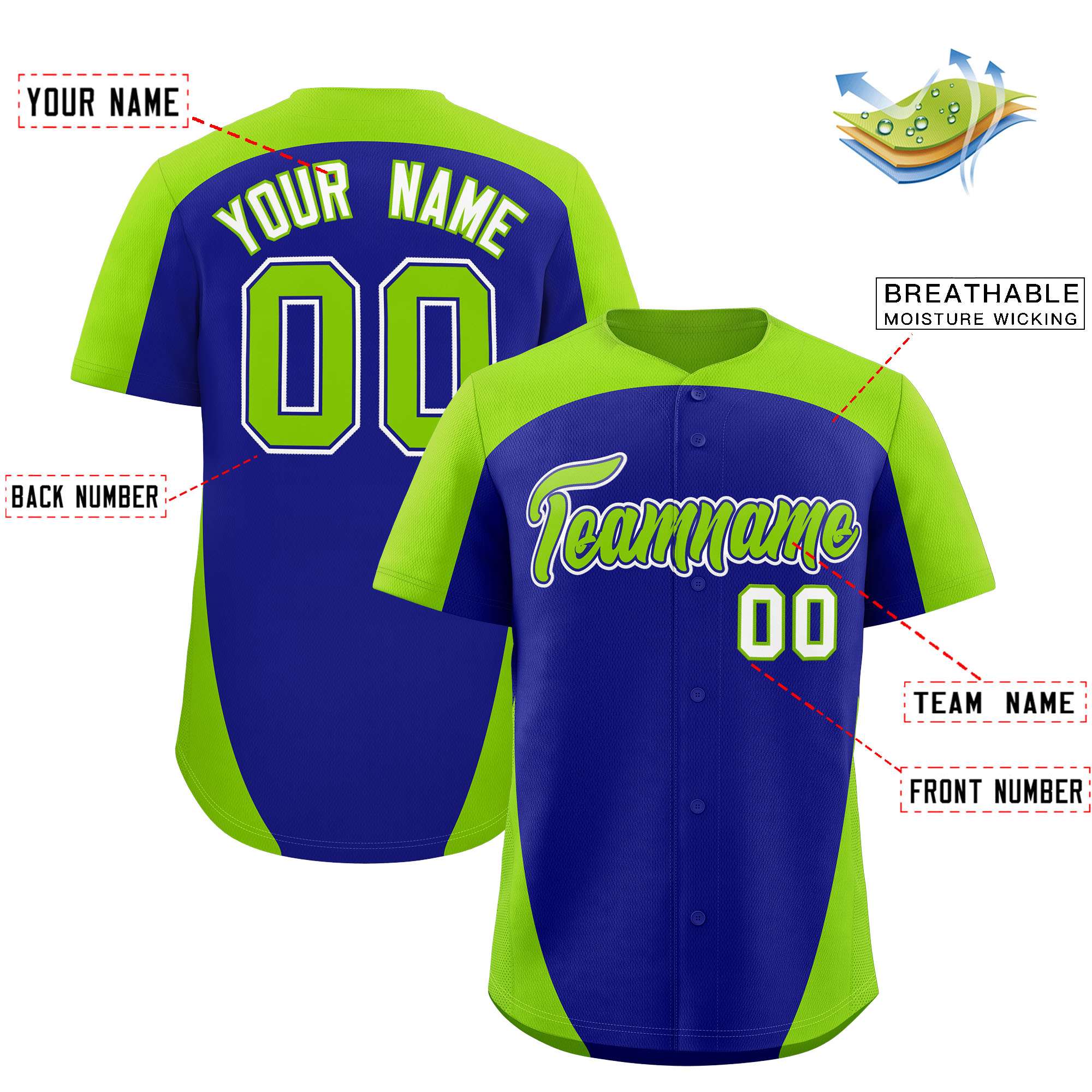 Custom Royal Neon Green Personalized Edge Color Block Authentic Baseball Jersey